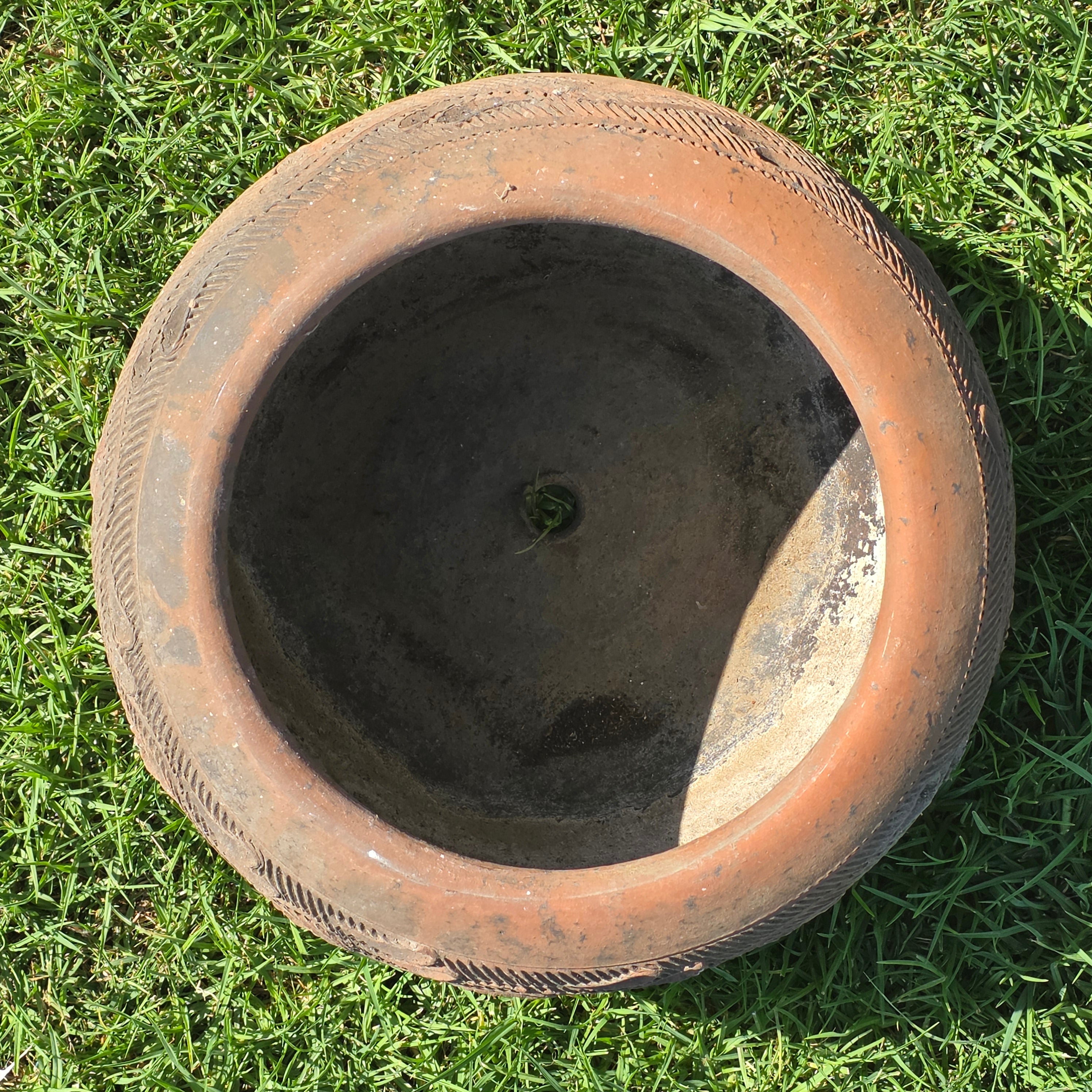 Vintage Mexican Terracotta Planter Large 15" Hand Painted Leaf Clay Pot Garden