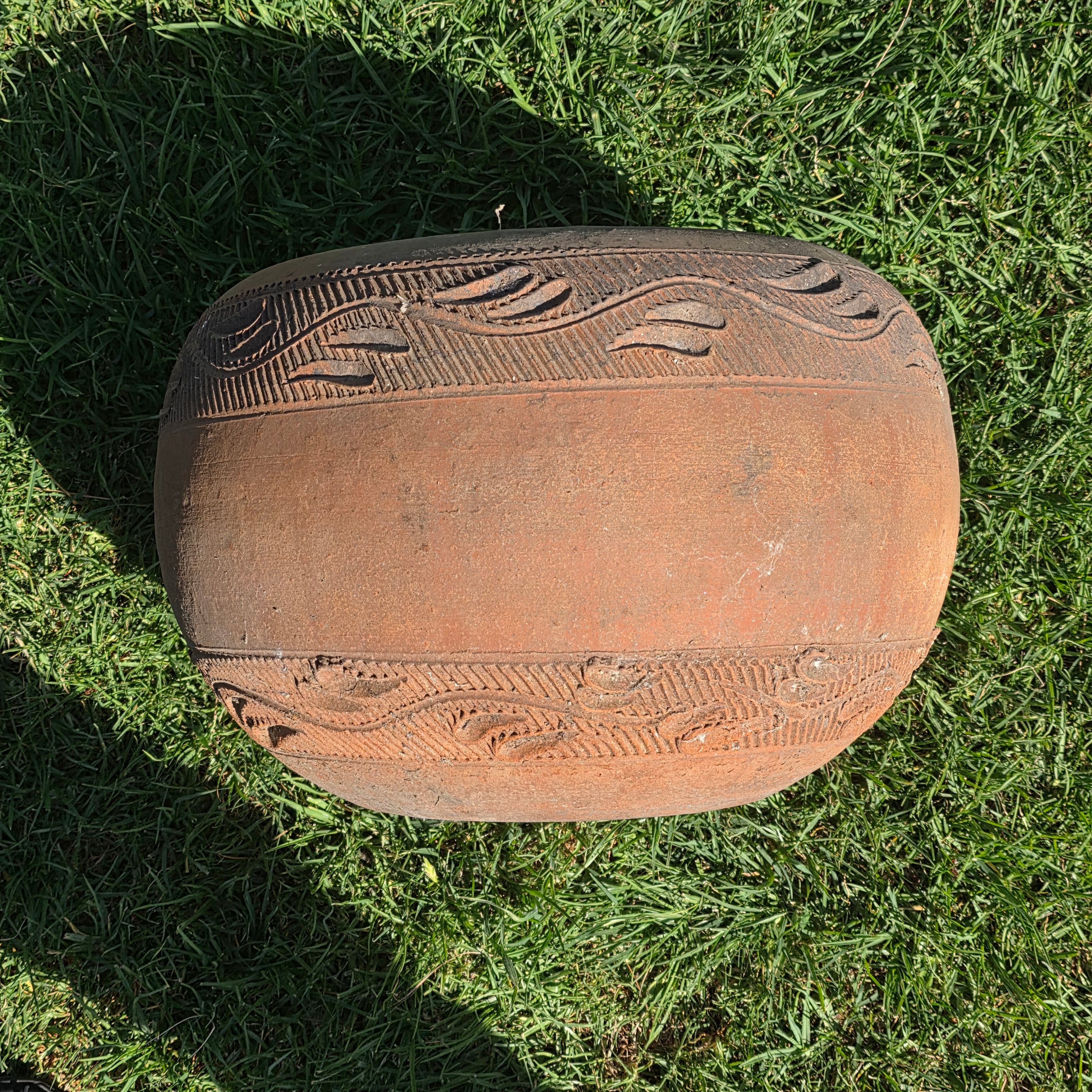 Vintage Mexican Terracotta Planter Large 15" Hand Painted Leaf Clay Pot Garden