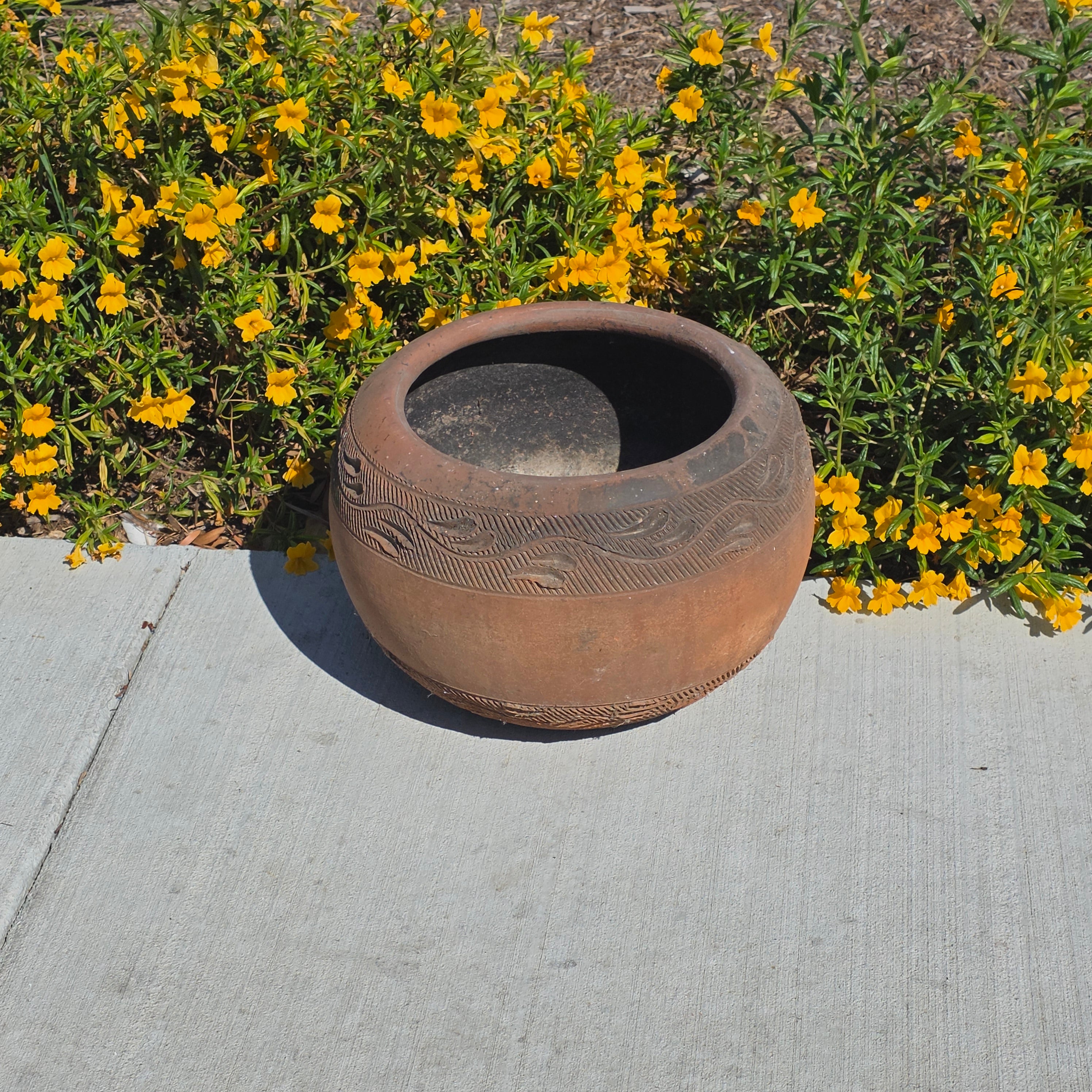 Vintage Mexican Terracotta Planter Large 15" Hand Painted Leaf Clay Pot Garden