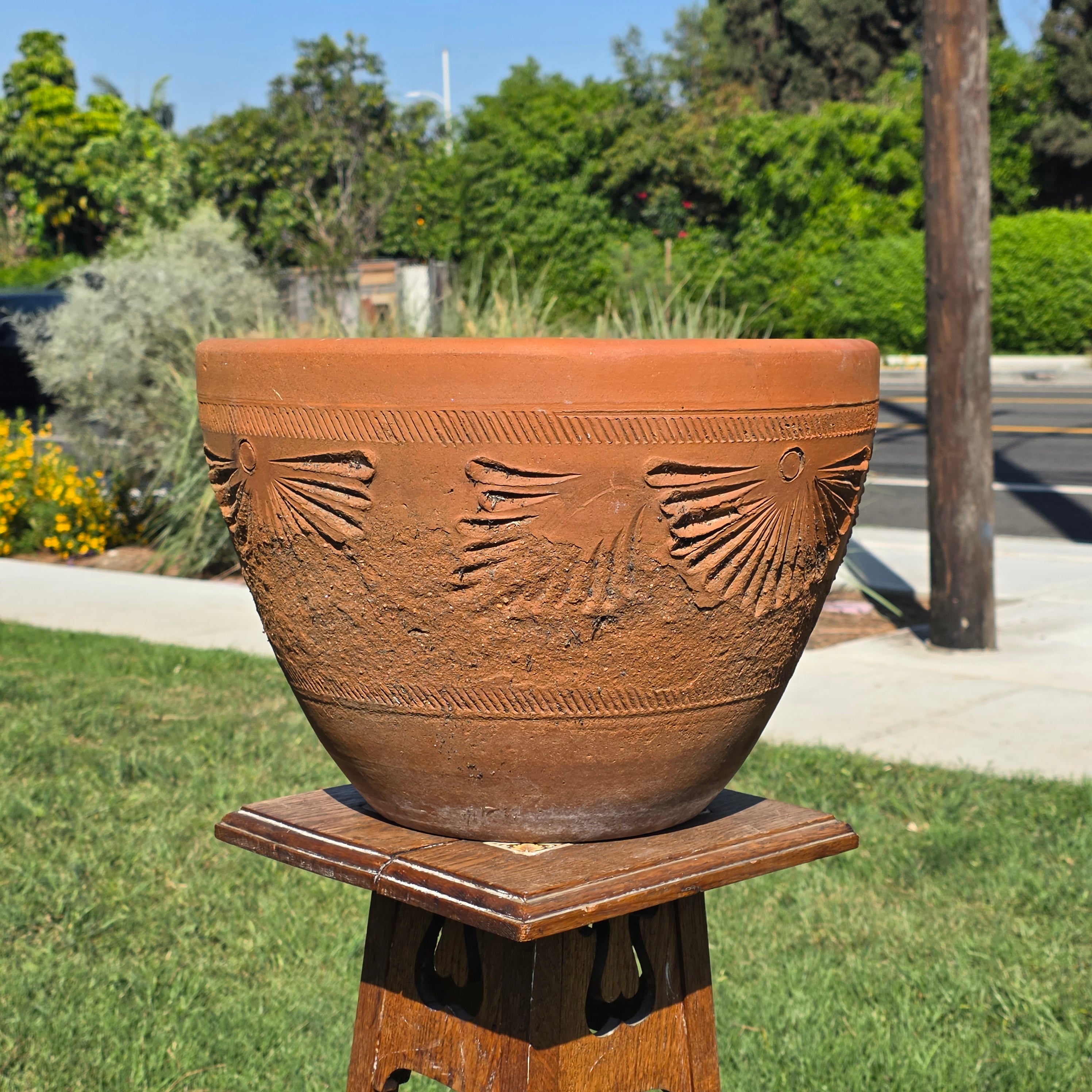 Vintage Mexican Terracotta Planter Large 16" Sunburst Aztec Clay Pot Garden Urn