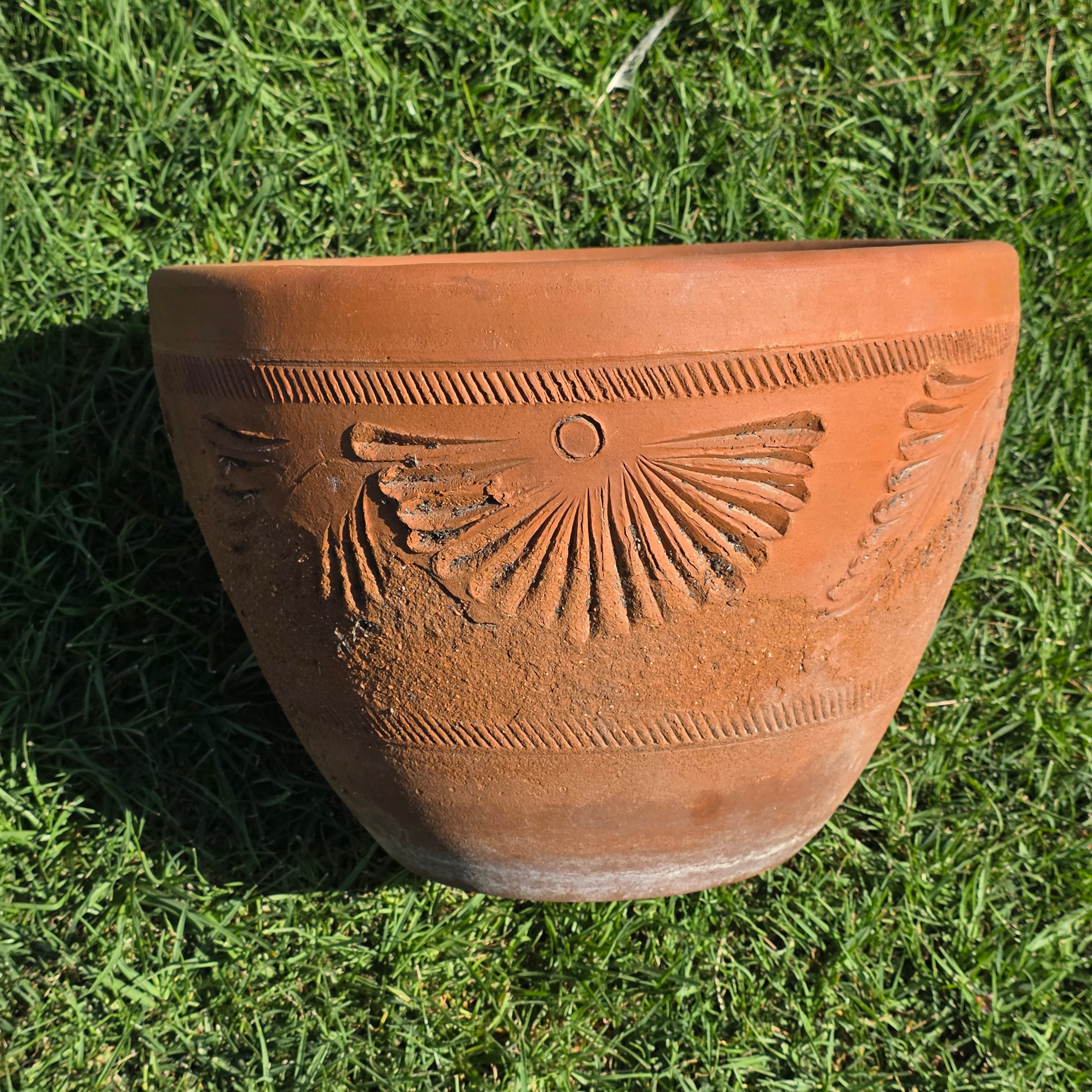 Vintage Mexican Terracotta Planter Large 16" Sunburst Aztec Clay Pot Garden Urn