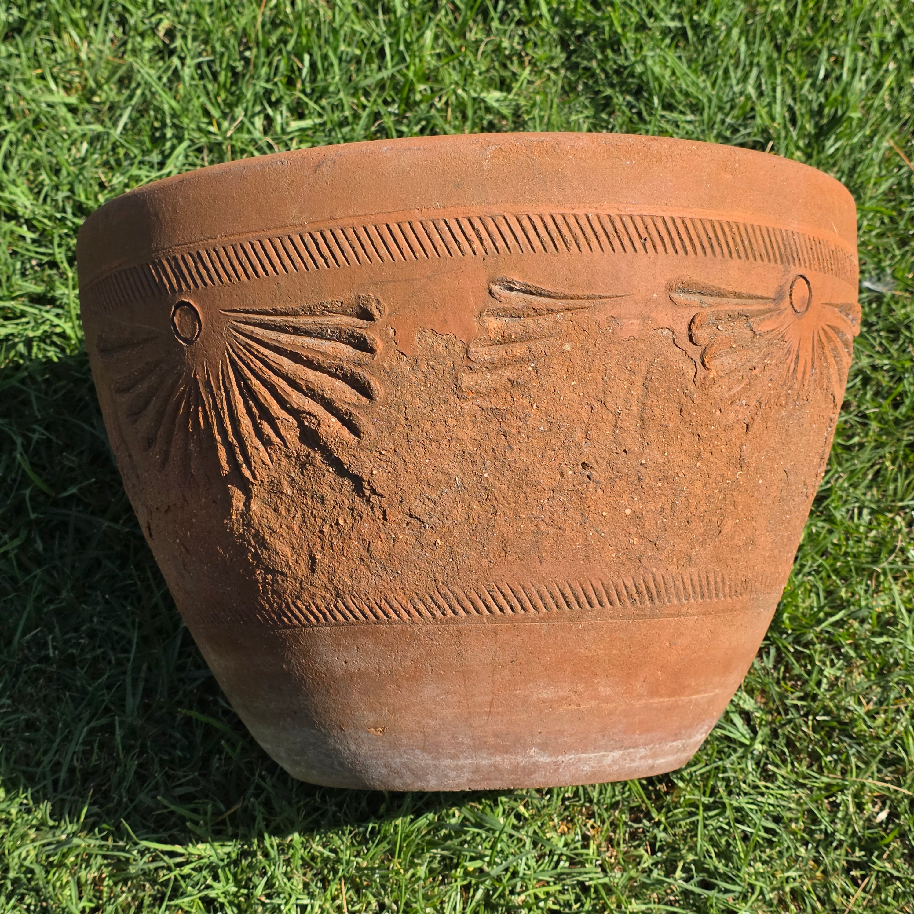 Vintage Mexican Terracotta Planter Large 16" Sunburst Aztec Clay Pot Garden Urn