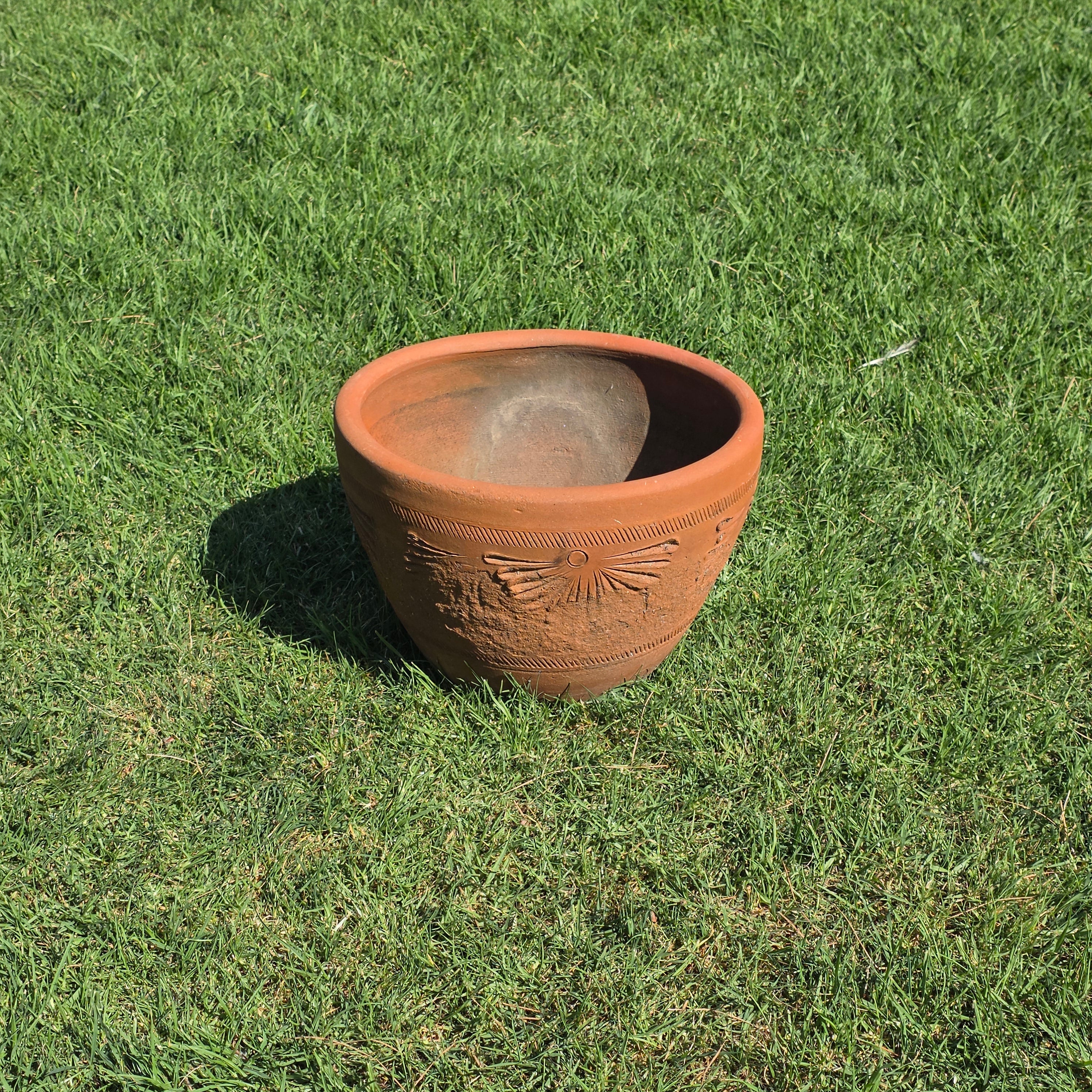 Vintage Mexican Terracotta Planter Large 16" Sunburst Aztec Clay Pot Garden Urn