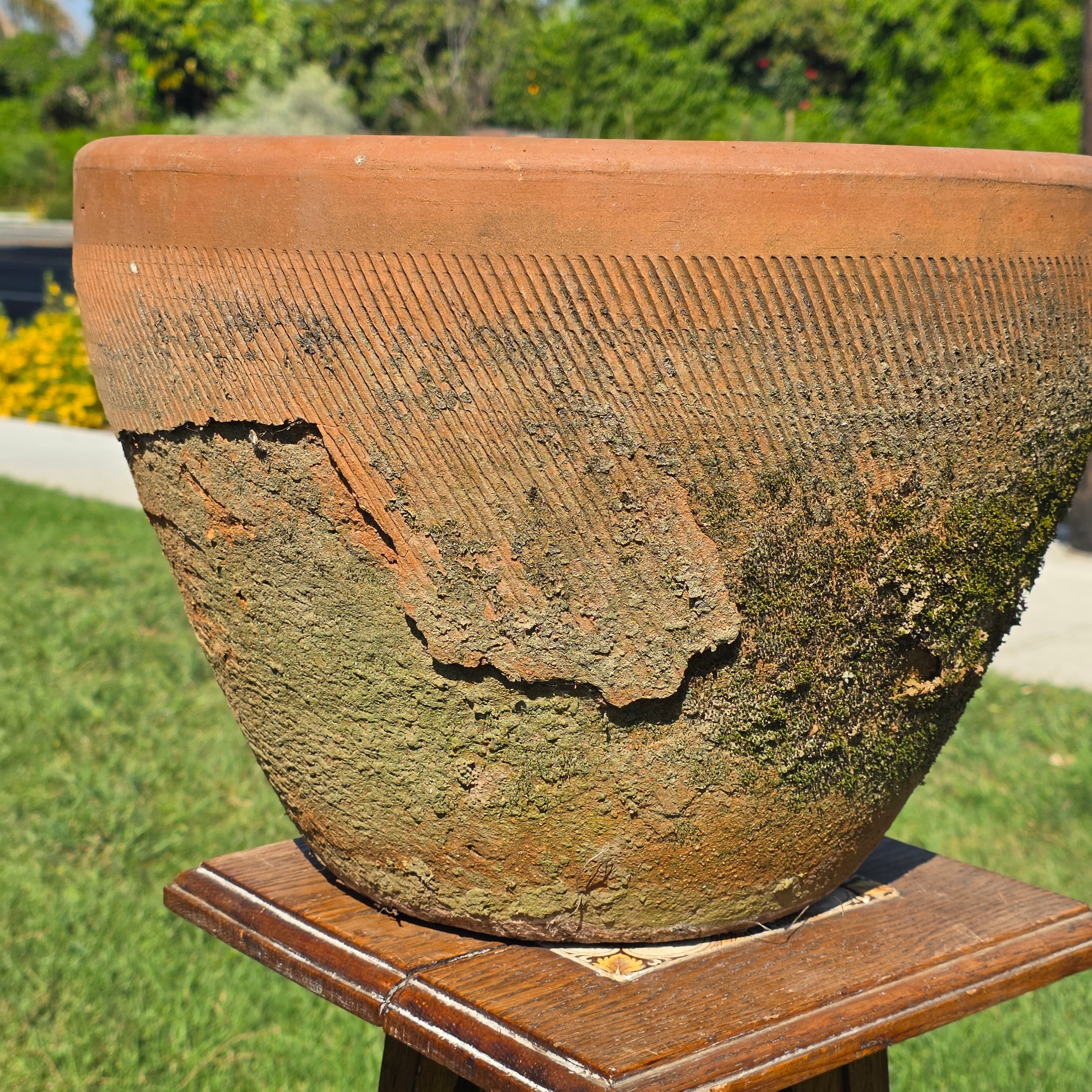 Vintage Mexican Terracotta Planter Large 16" Primitive Rustic Wabi Sabi Garden Urn