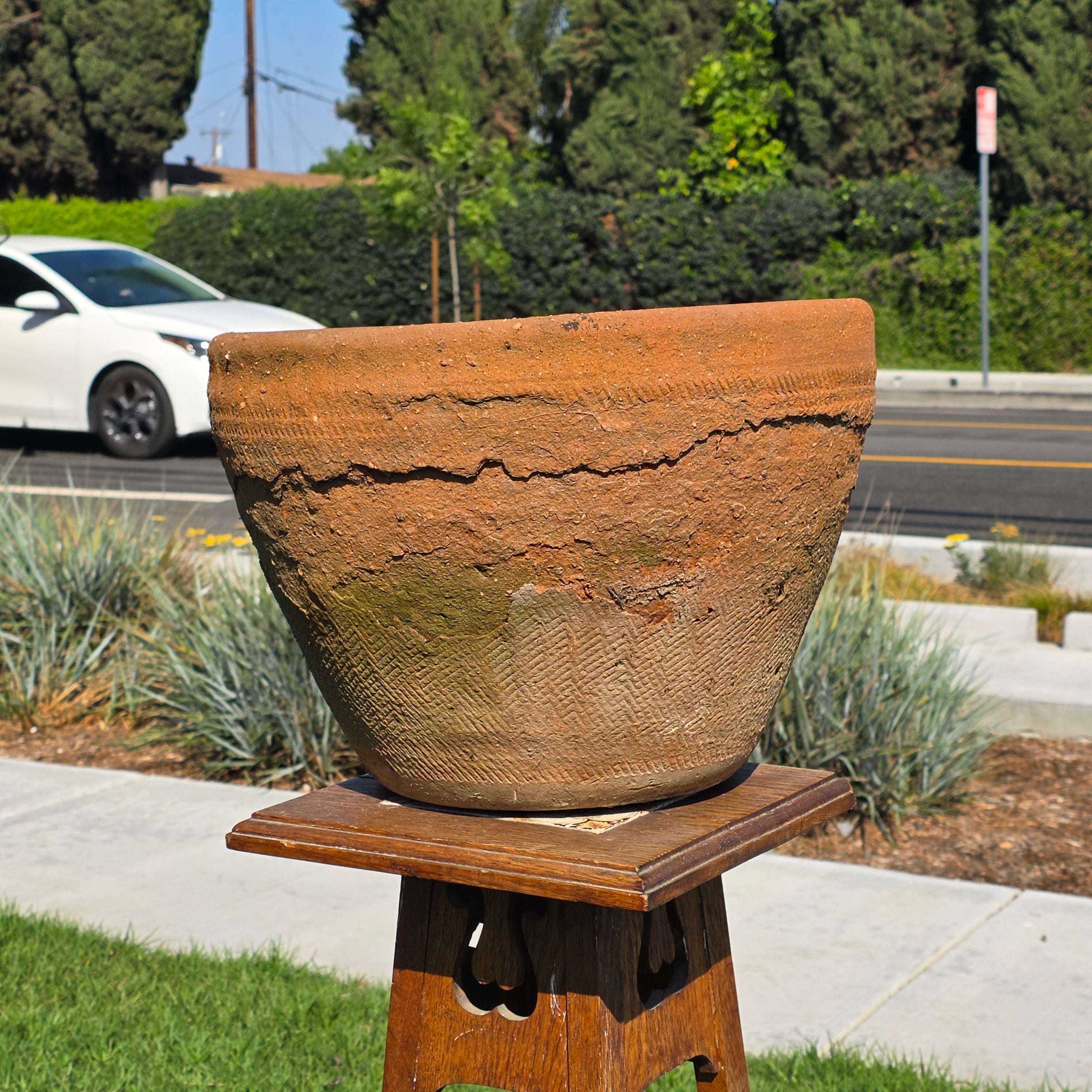 Vintage Mexican Terracotta Planter Large 16" Primitive Rustic Wabi Sabi Garden Urn