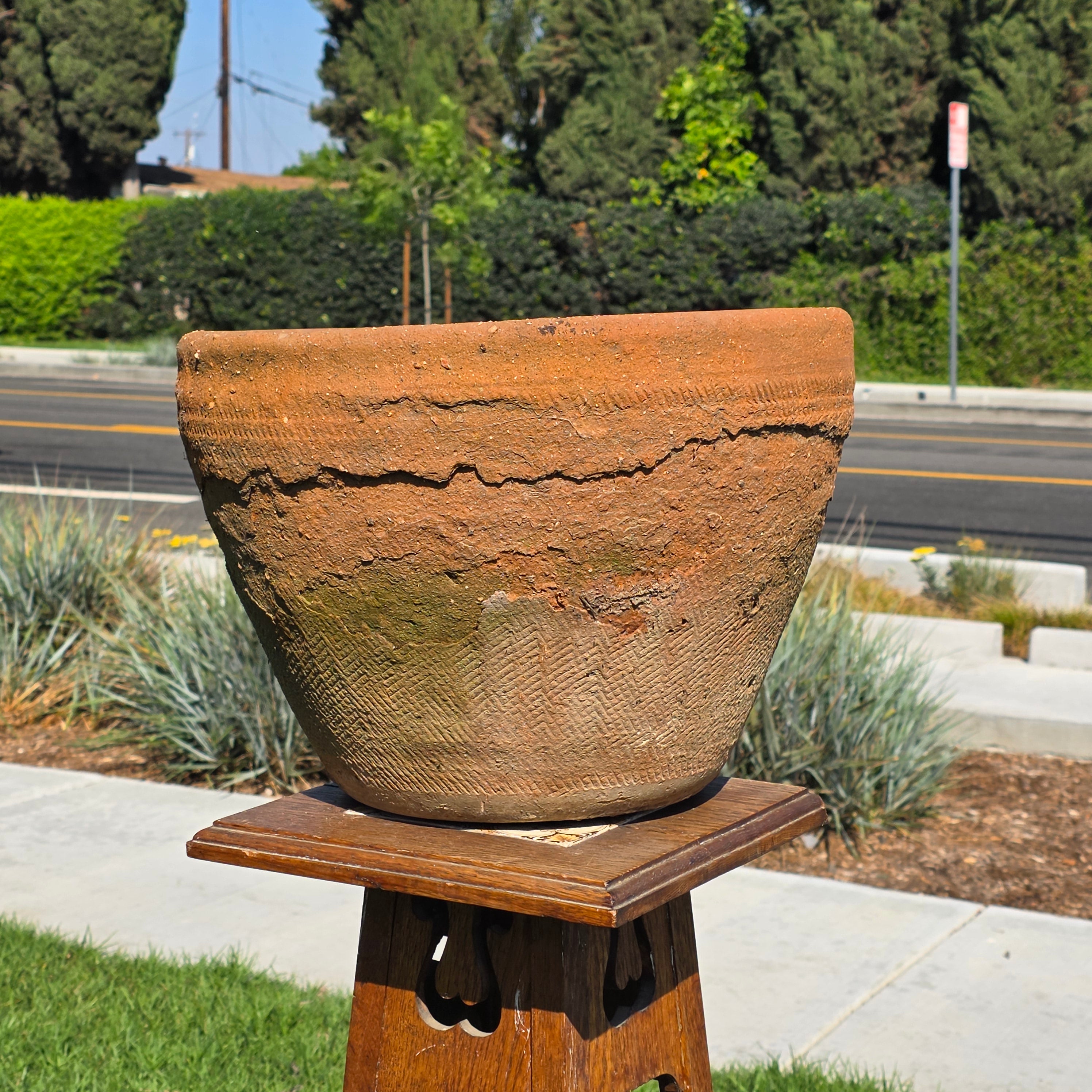 Vintage Mexican Terracotta Planter Large 16" Primitive Rustic Wabi Sabi Garden Urn