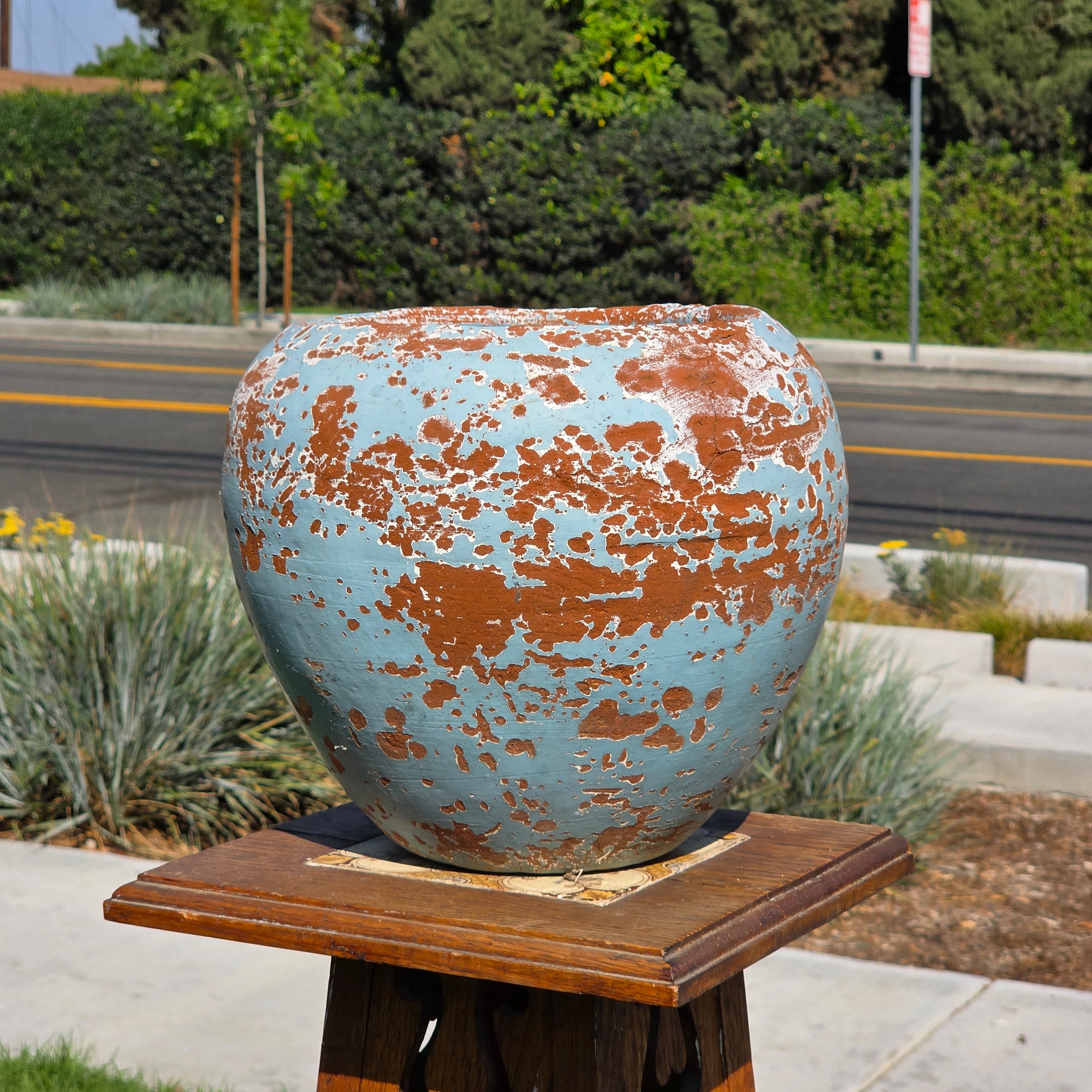 Vintage Mexican Terracotta Planter Large 11" Blue Chippy Paint Rustic Garden Pot
