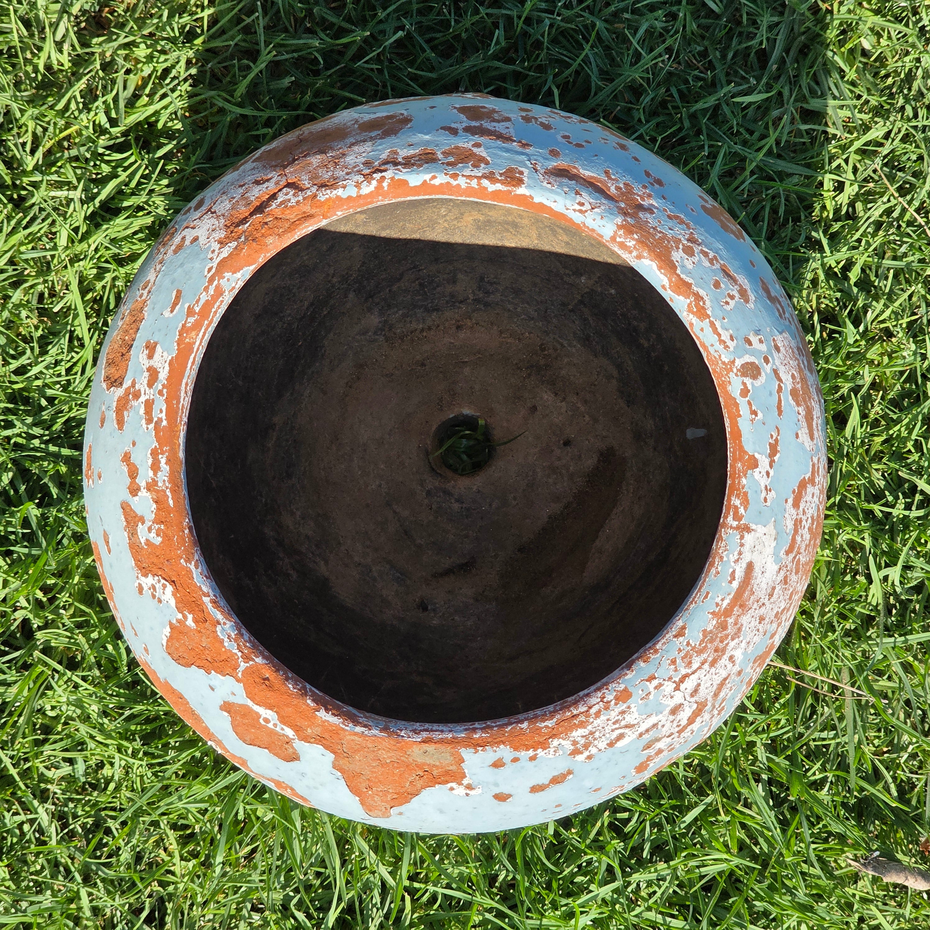 Vintage Mexican Terracotta Planter Large 11" Blue Chippy Paint Rustic Garden Pot