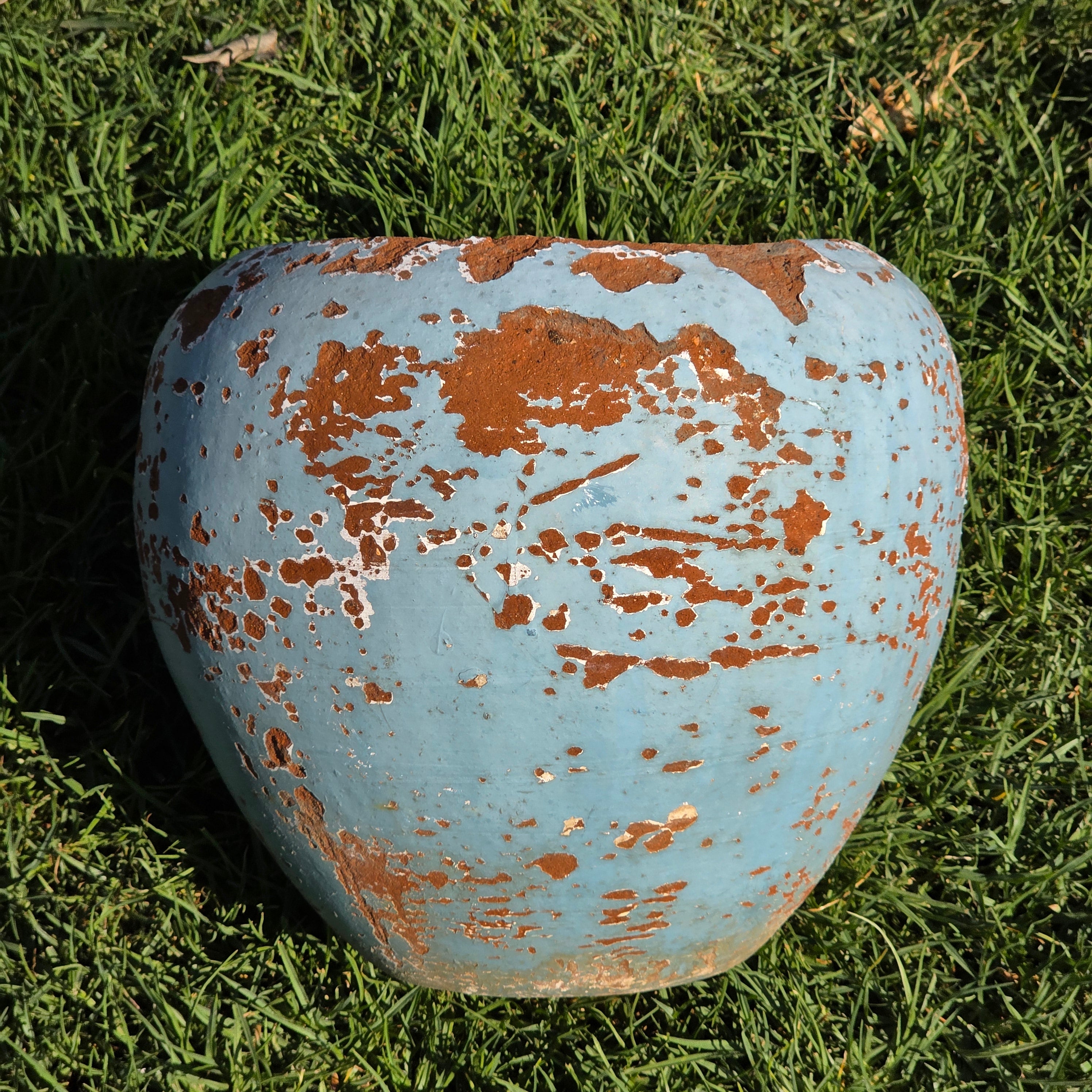Vintage Mexican Terracotta Planter Large 11" Blue Chippy Paint Rustic Garden Pot