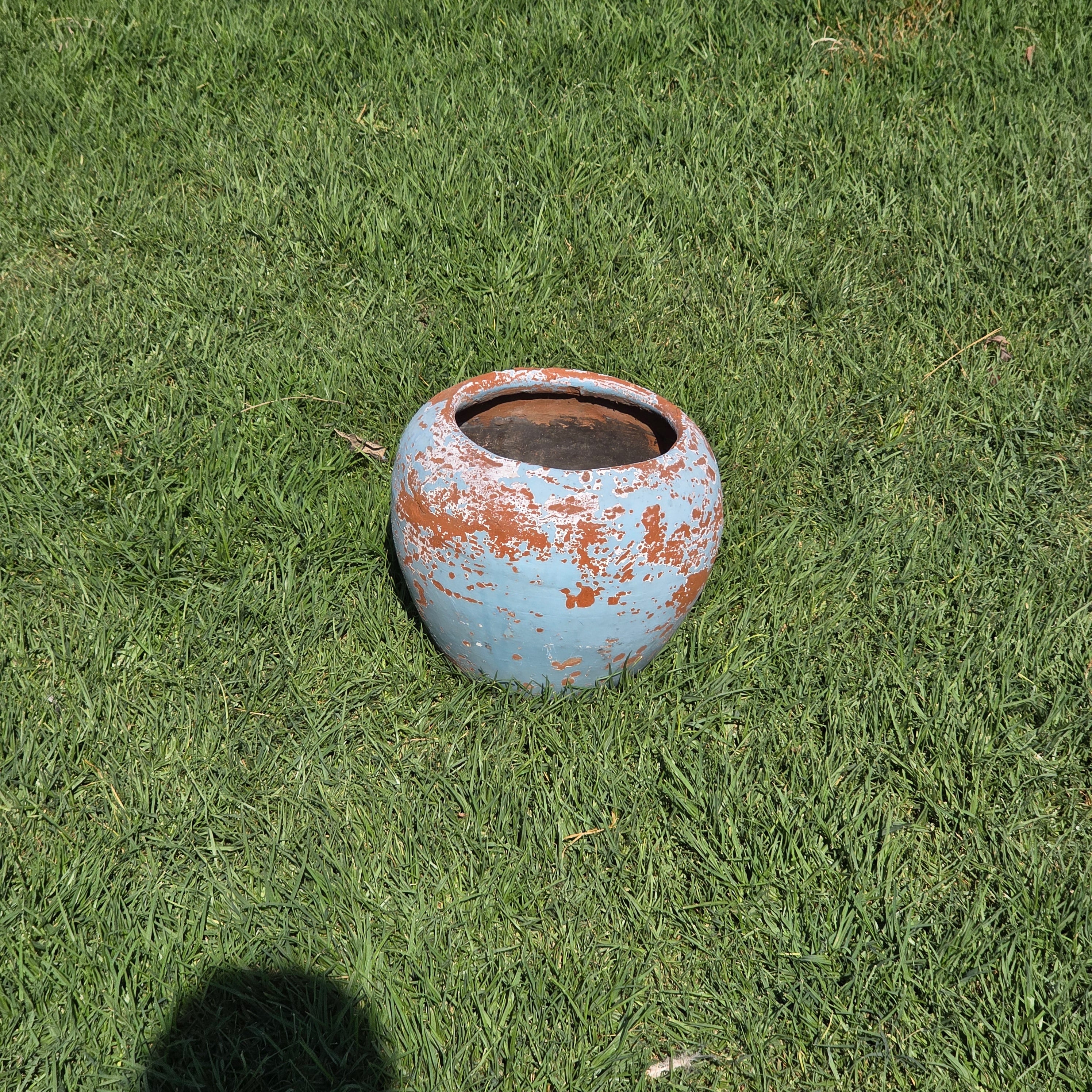 Vintage Mexican Terracotta Planter Large 11" Blue Chippy Paint Rustic Garden Pot