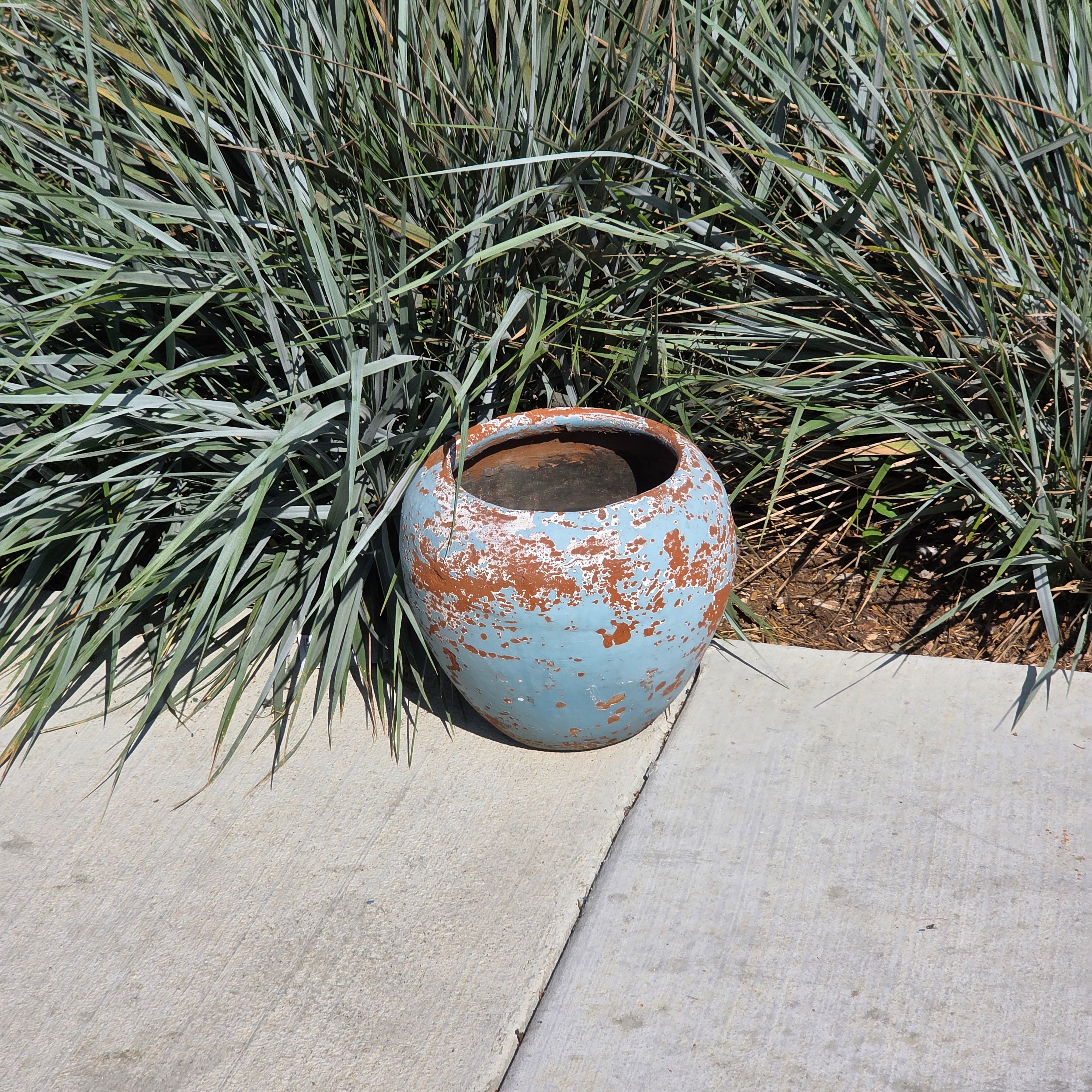 Vintage Mexican Terracotta Planter Large 11" Blue Chippy Paint Rustic Garden Pot