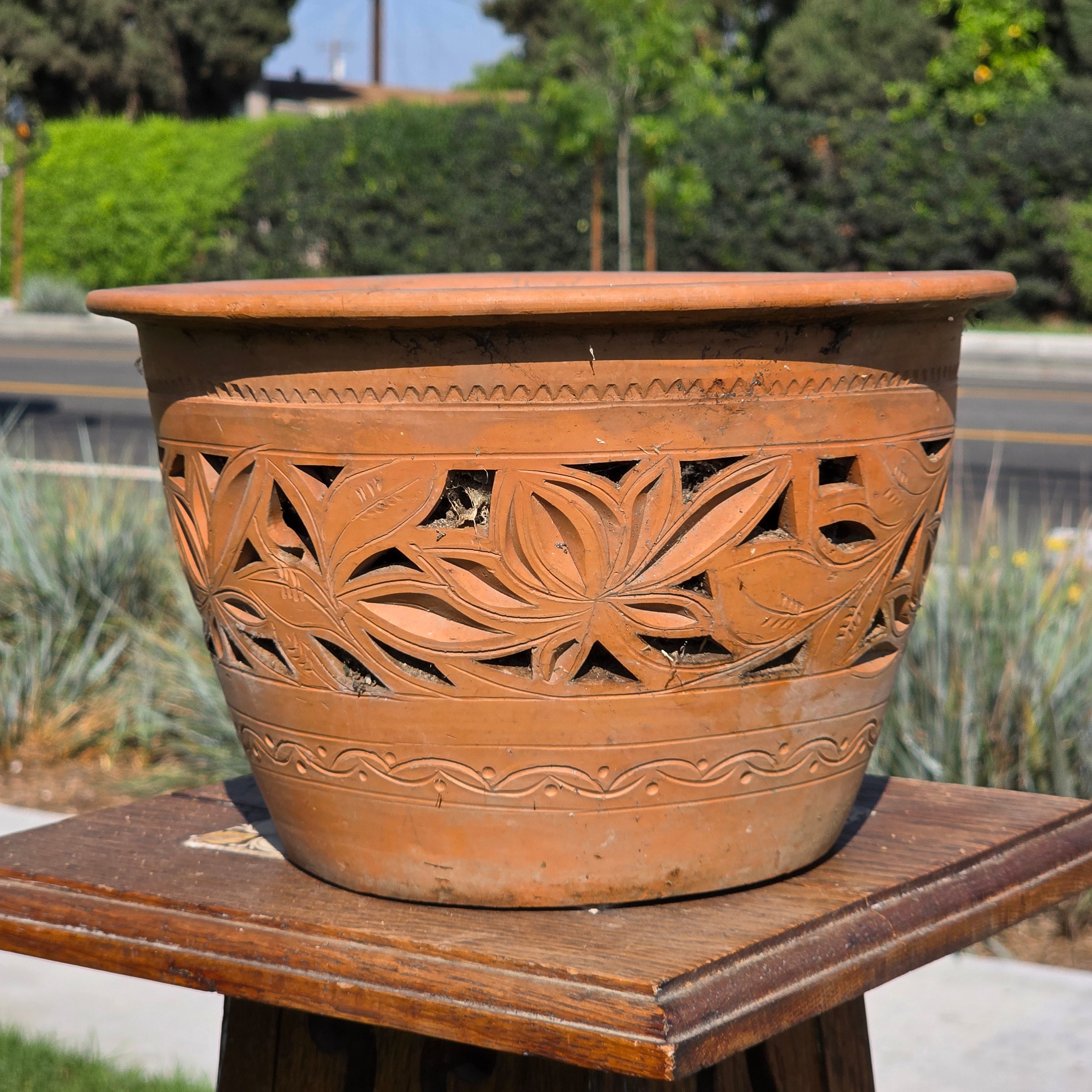 Vintage Mexican Orchid Planter Large 10.5" Perforated Double Wall Clay Pot