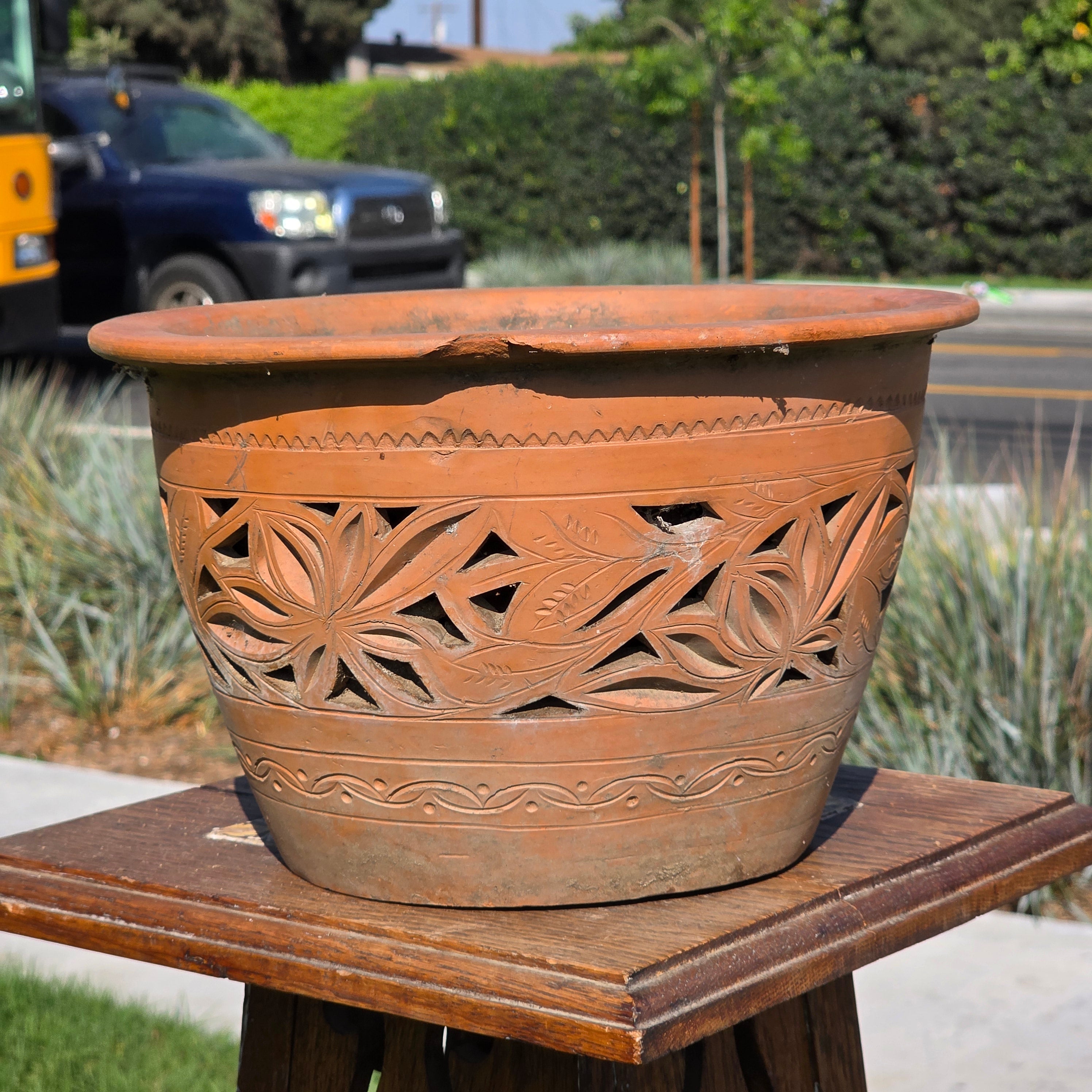 Vintage Mexican Orchid Planter Large 10.5" Perforated Double Wall Clay Pot