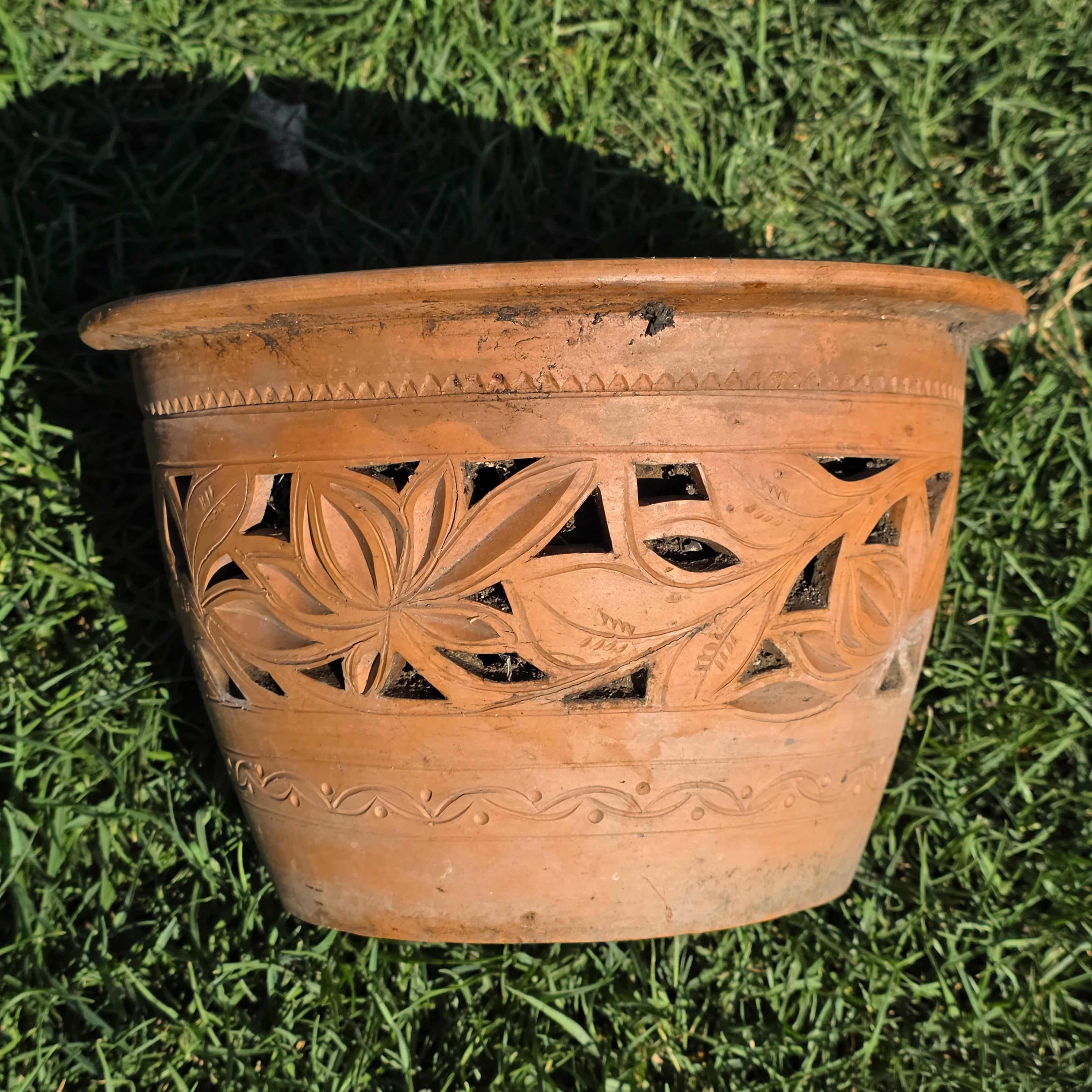 Vintage Mexican Orchid Planter Large 10.5" Perforated Double Wall Clay Pot