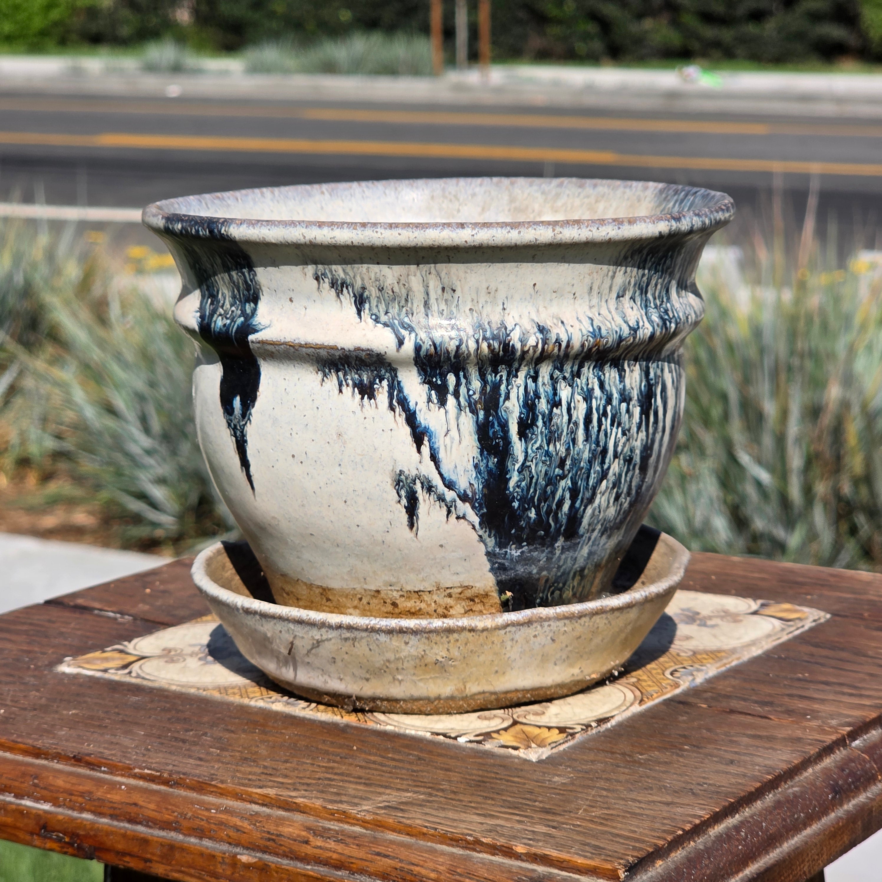 Vintage Studio Pottery Planter Attached Saucer Blue Drip Glaze 6" Boho MCM