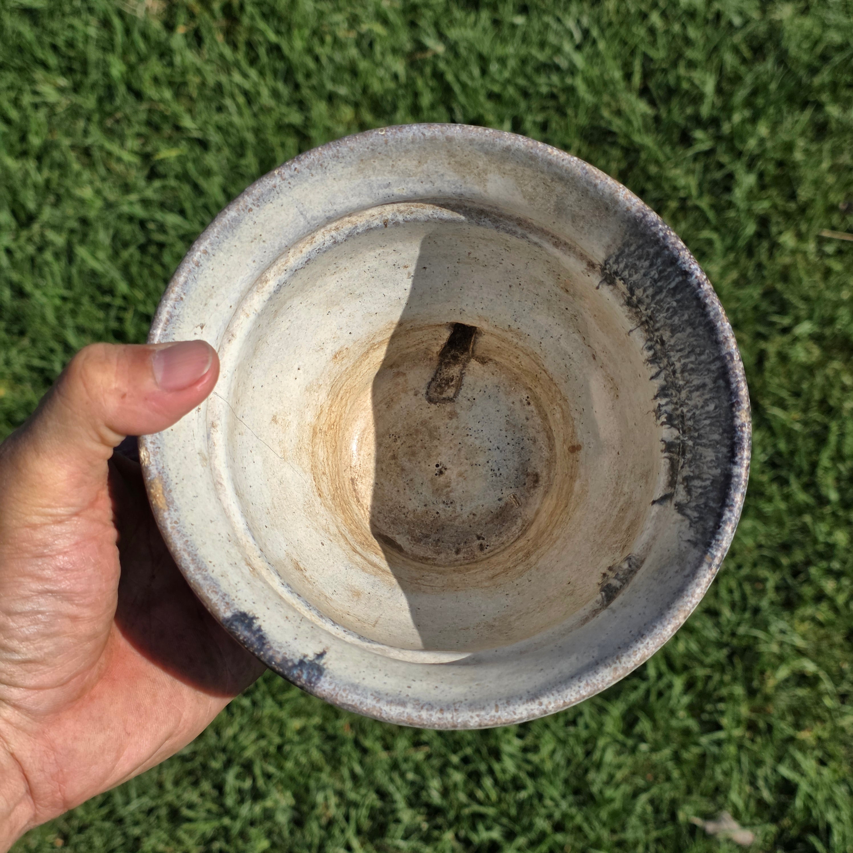 Vintage Studio Pottery Planter Attached Saucer Blue Drip Glaze 6" Boho MCM