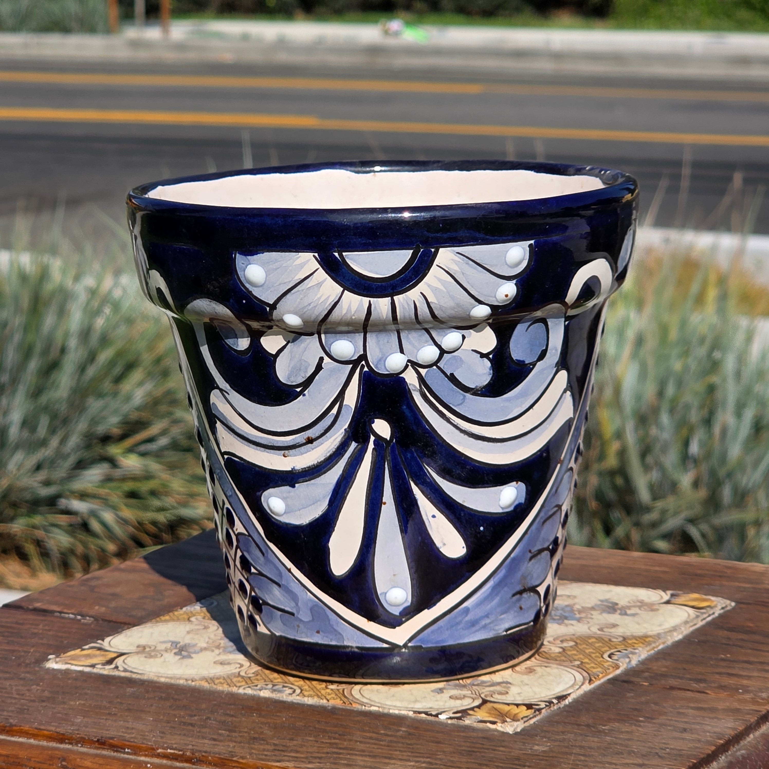 Vintage Mexican Talavera Planter Blue White Hand Painted Pottery 6" Flower Pot