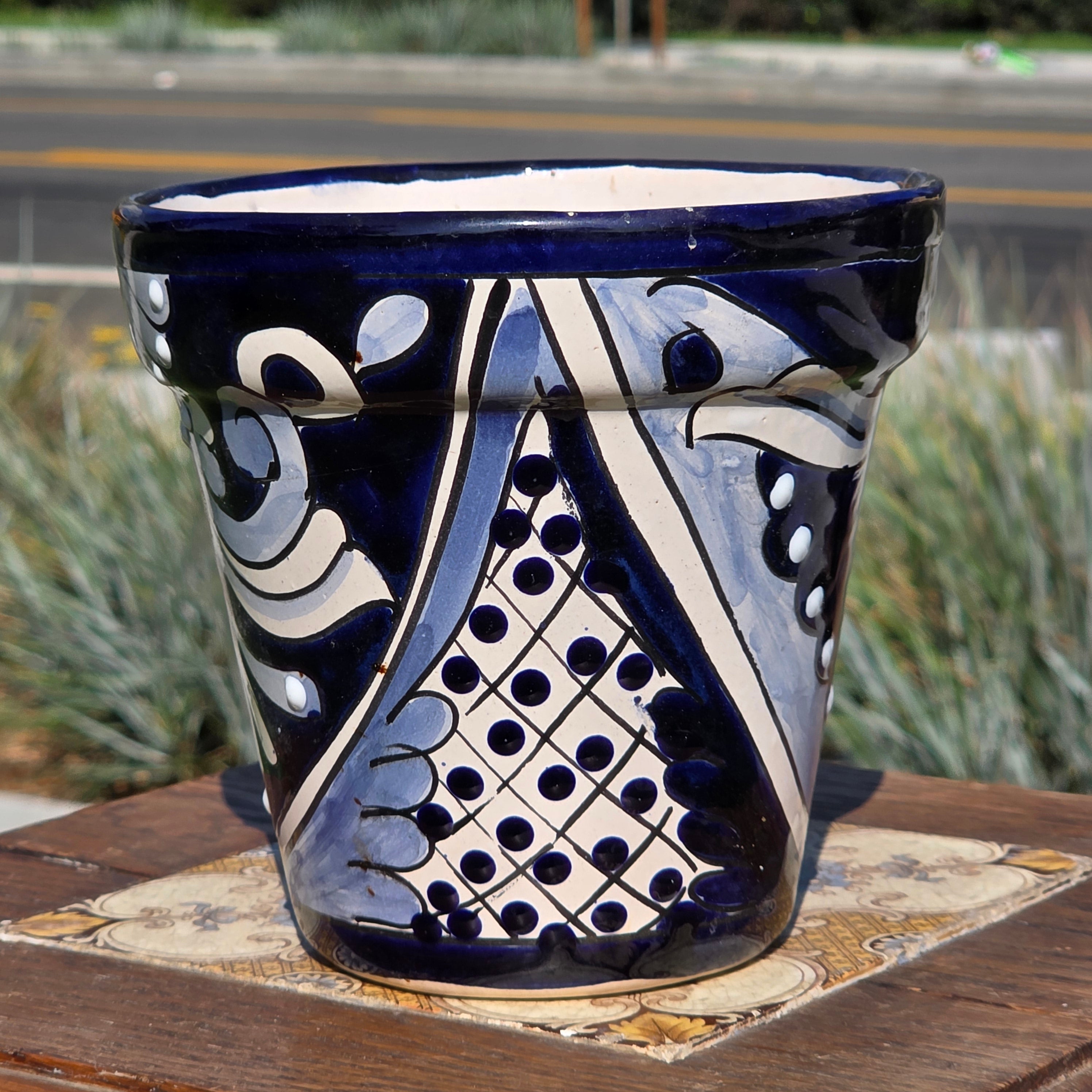 Vintage Mexican Talavera Planter Blue White Hand Painted Pottery 6" Flower Pot