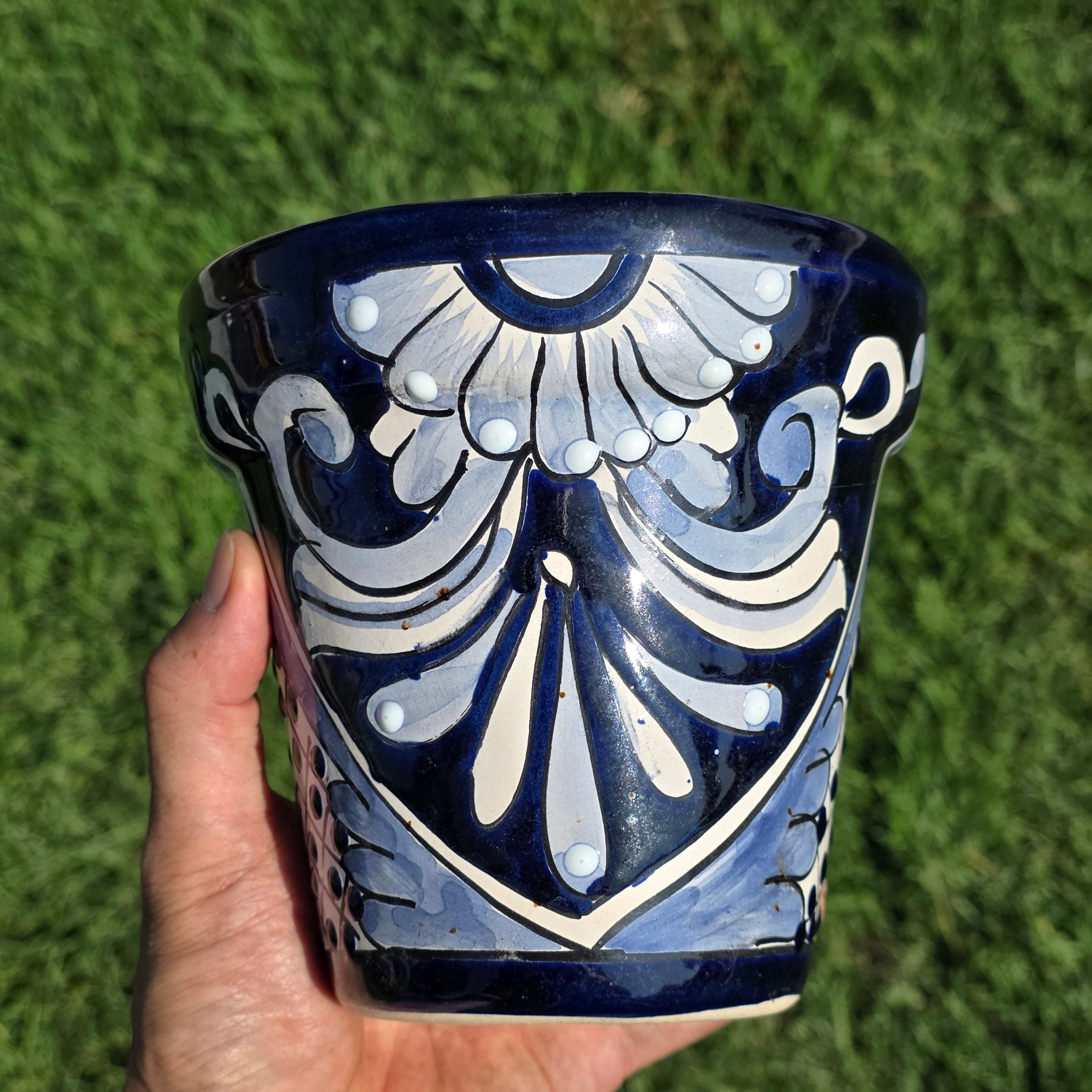 Vintage Mexican Talavera Planter Blue White Hand Painted Pottery 6" Flower Pot
