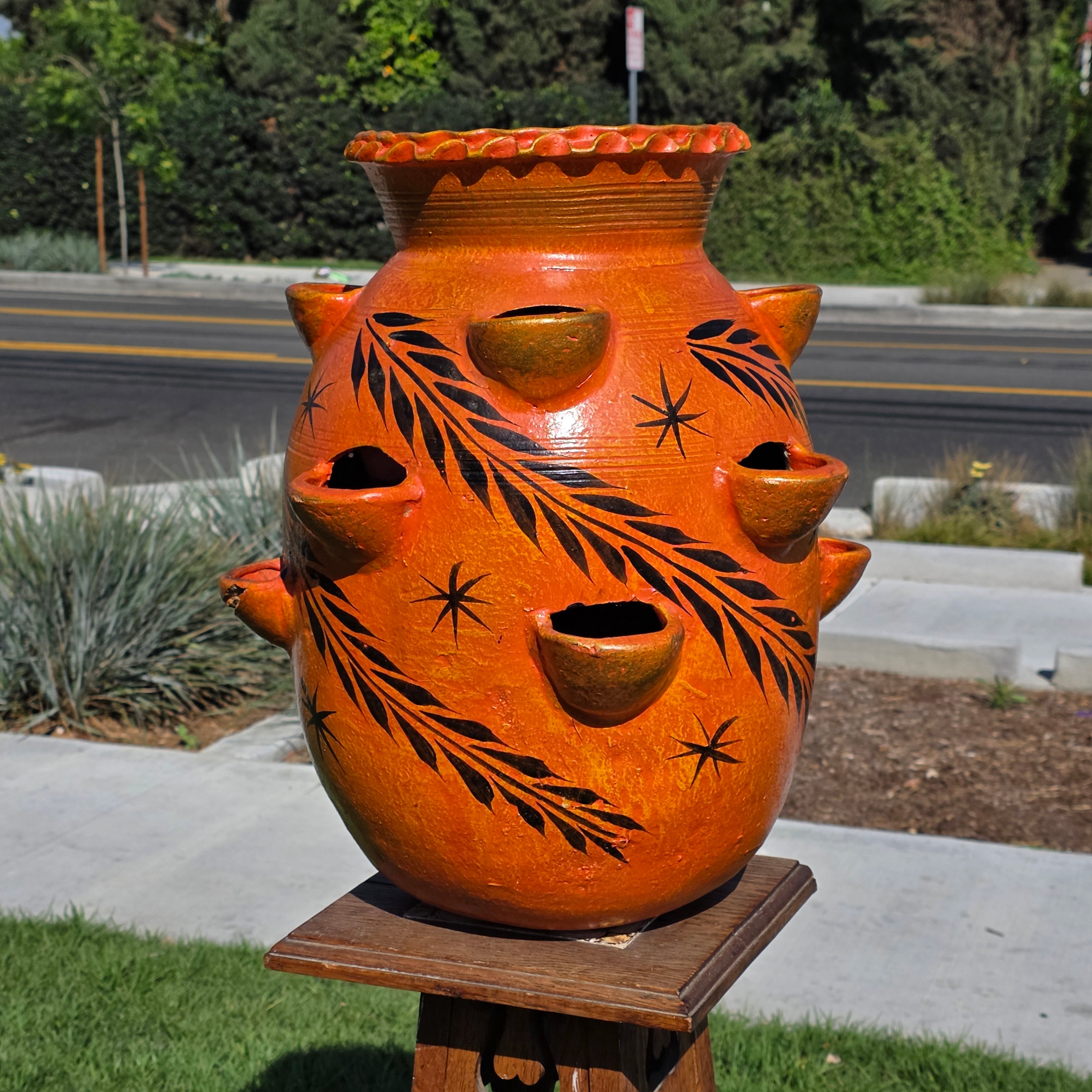 Vintage Mexican Strawberry Planter Large 19" Hand Painted Terra Cotta 12 Pocket