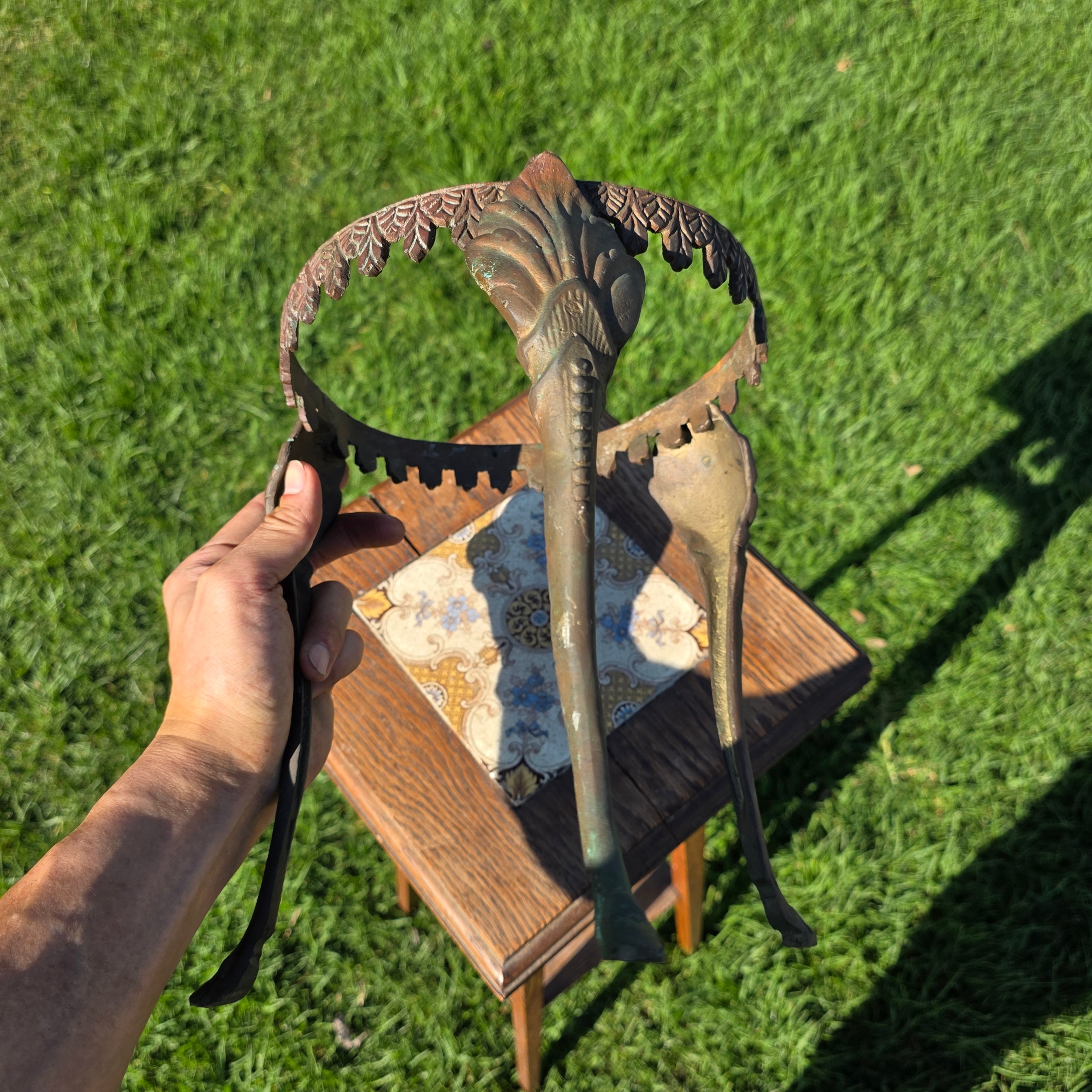 Antique Art Nouveau Brass Plant Stand Tripod Fern Pot Holder Scalloped Edge 10"