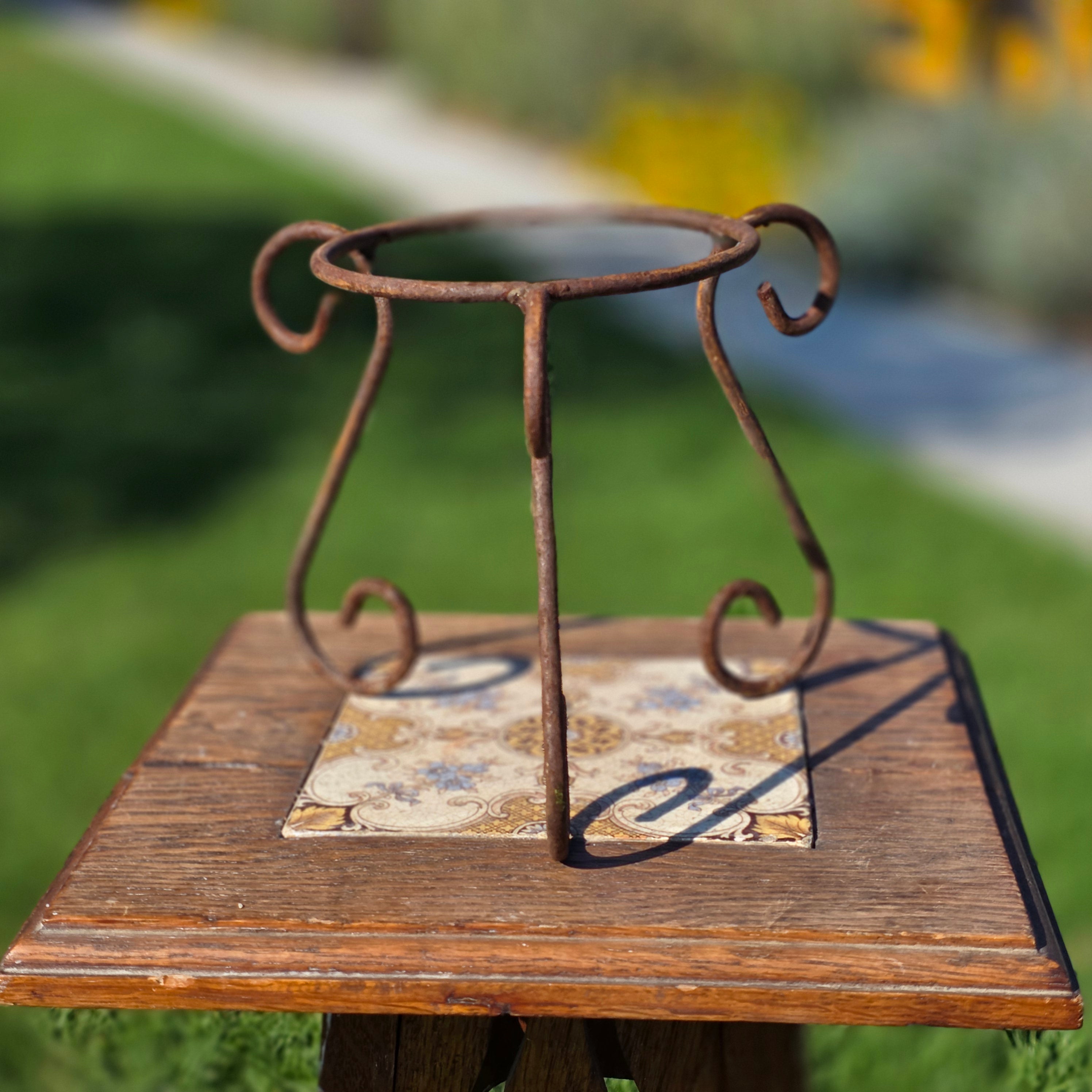 2pc Vintage Wrought Iron Plant Stand Set Rustic Heavy Rust Scroll Pot Holder