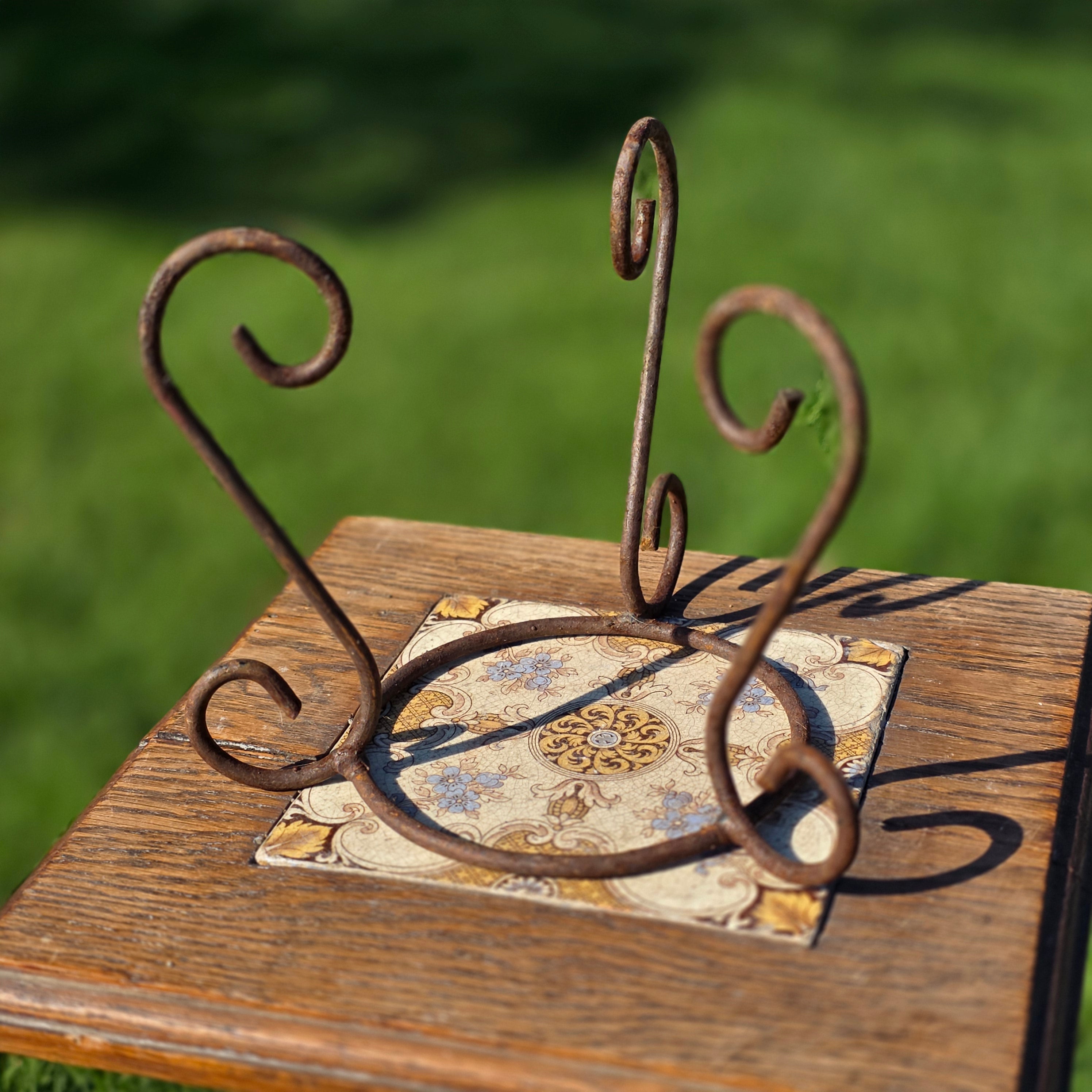 2pc Vintage Wrought Iron Plant Stand Set Rustic Heavy Rust Scroll Pot Holder