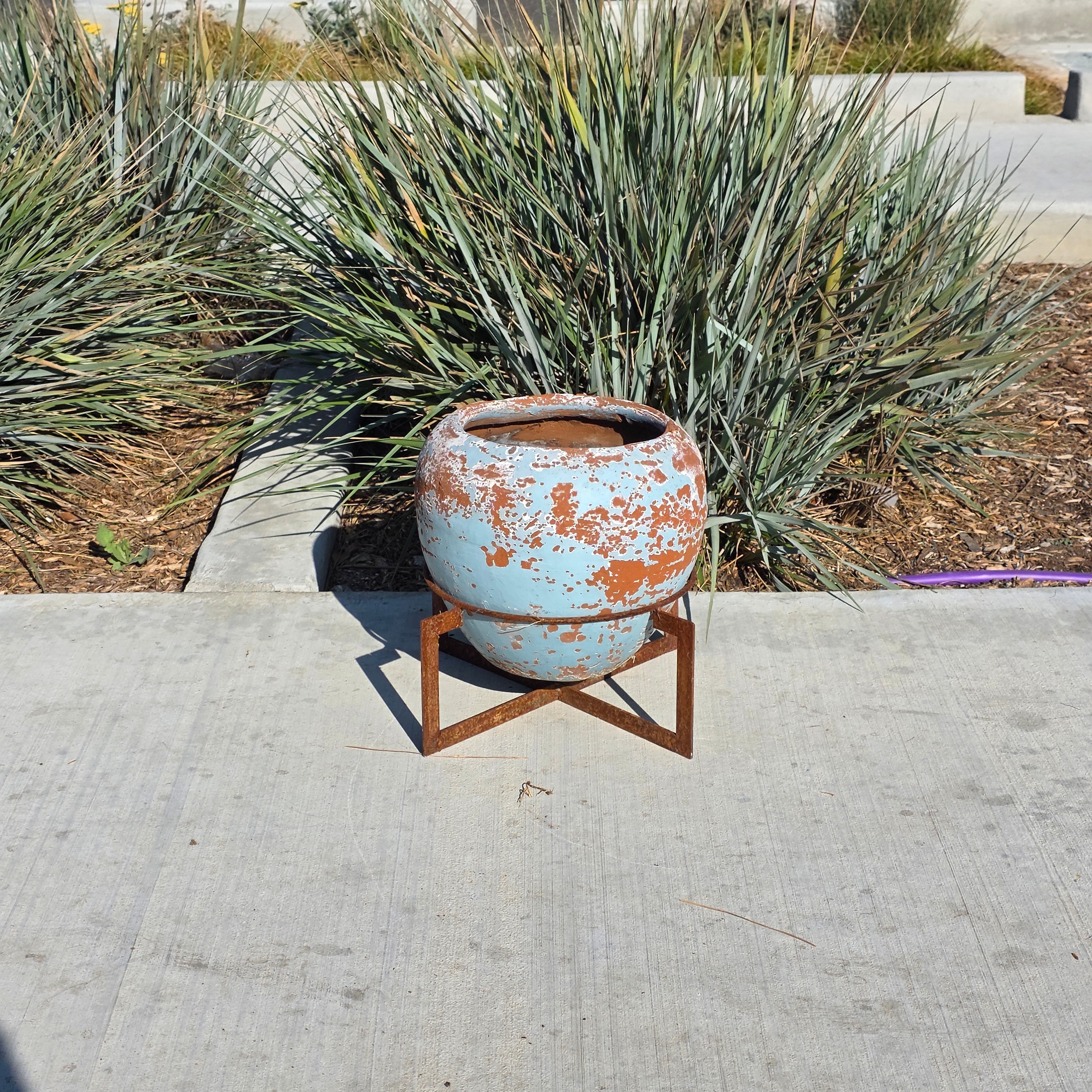 Vintage Mid Century Modern Iron Plant Stand Geometric Industrial Rustic Pot Hold