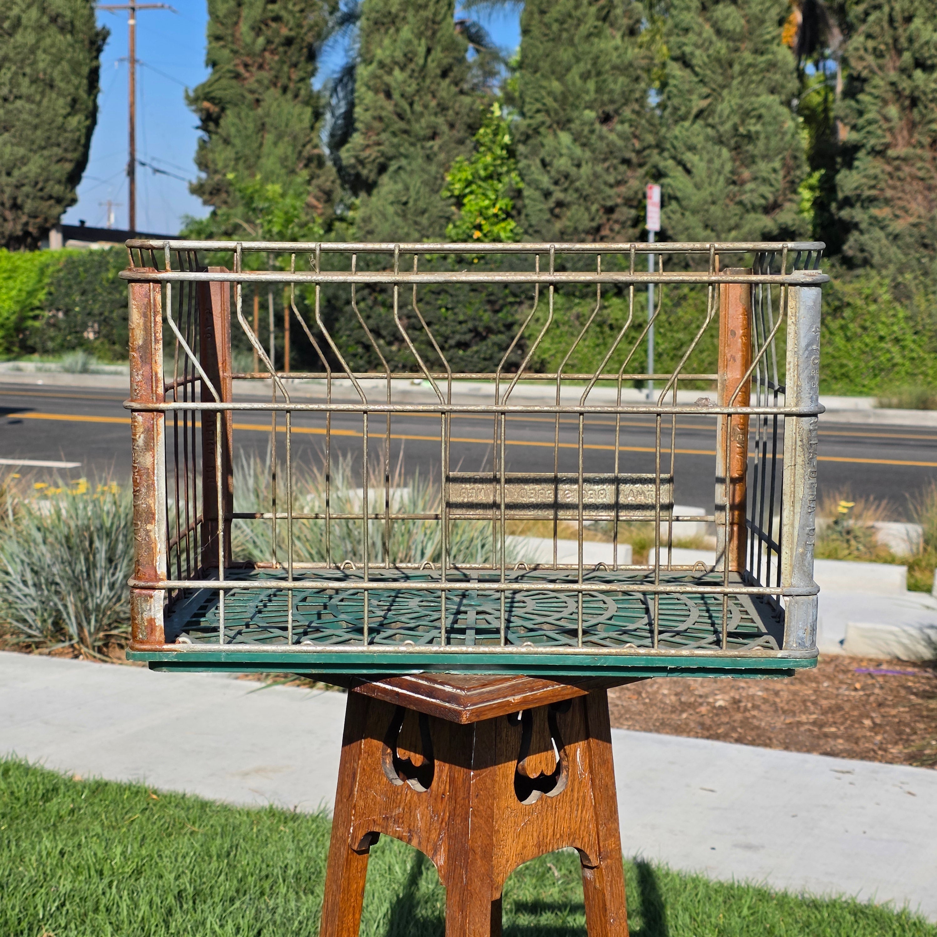 Vintage Alta-Dena Dairy Milk Crate 1976 Metal Wire Green Plastic Bottom