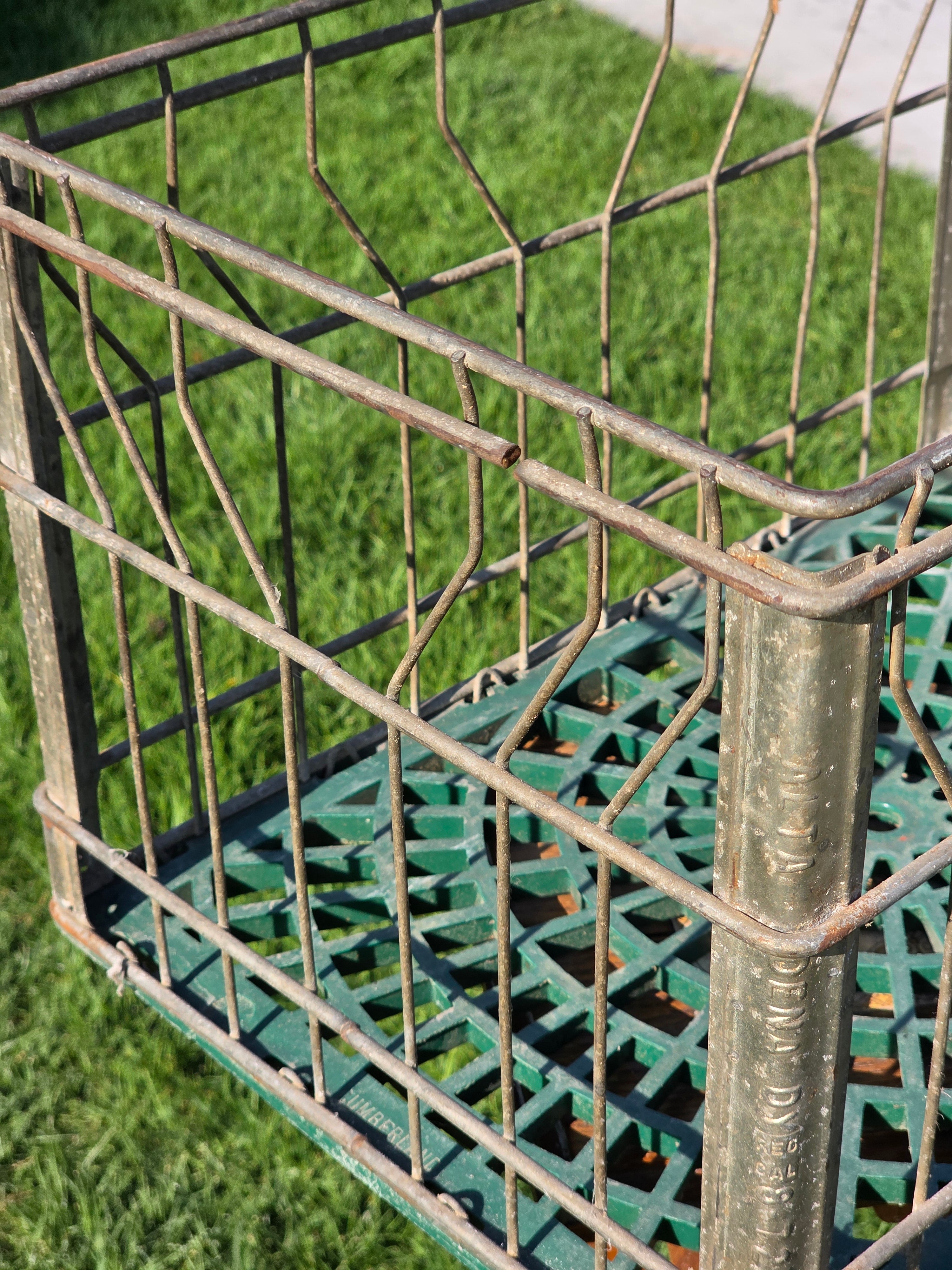 Vintage Alta-Dena Dairy Milk Crate 1972 Metal Wire Green Plastic Bottom (Damage)