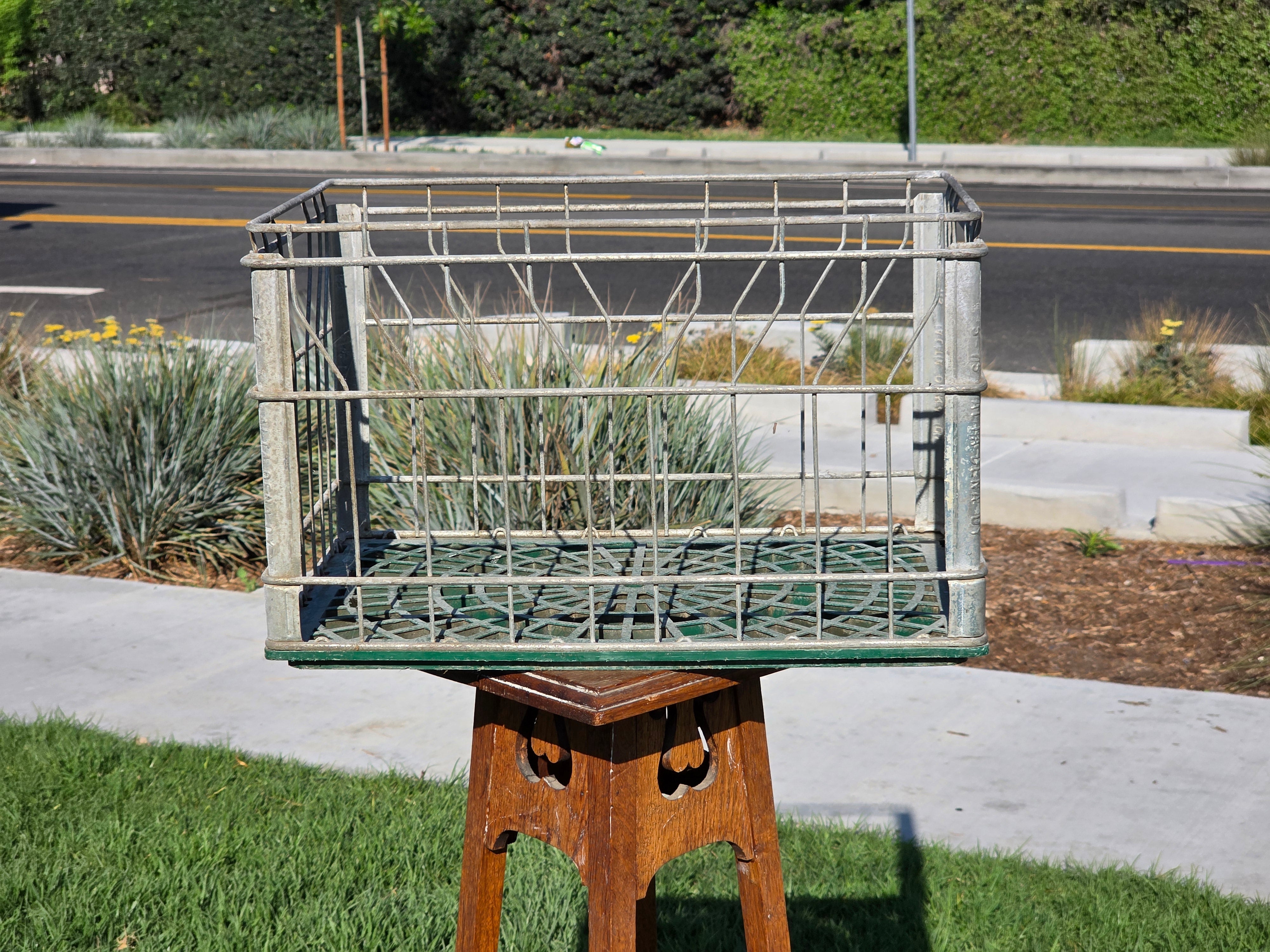 Vintage Alta-Dena Dairy Milk Crate 1975 Metal Wire Green Plastic Base Industrial
