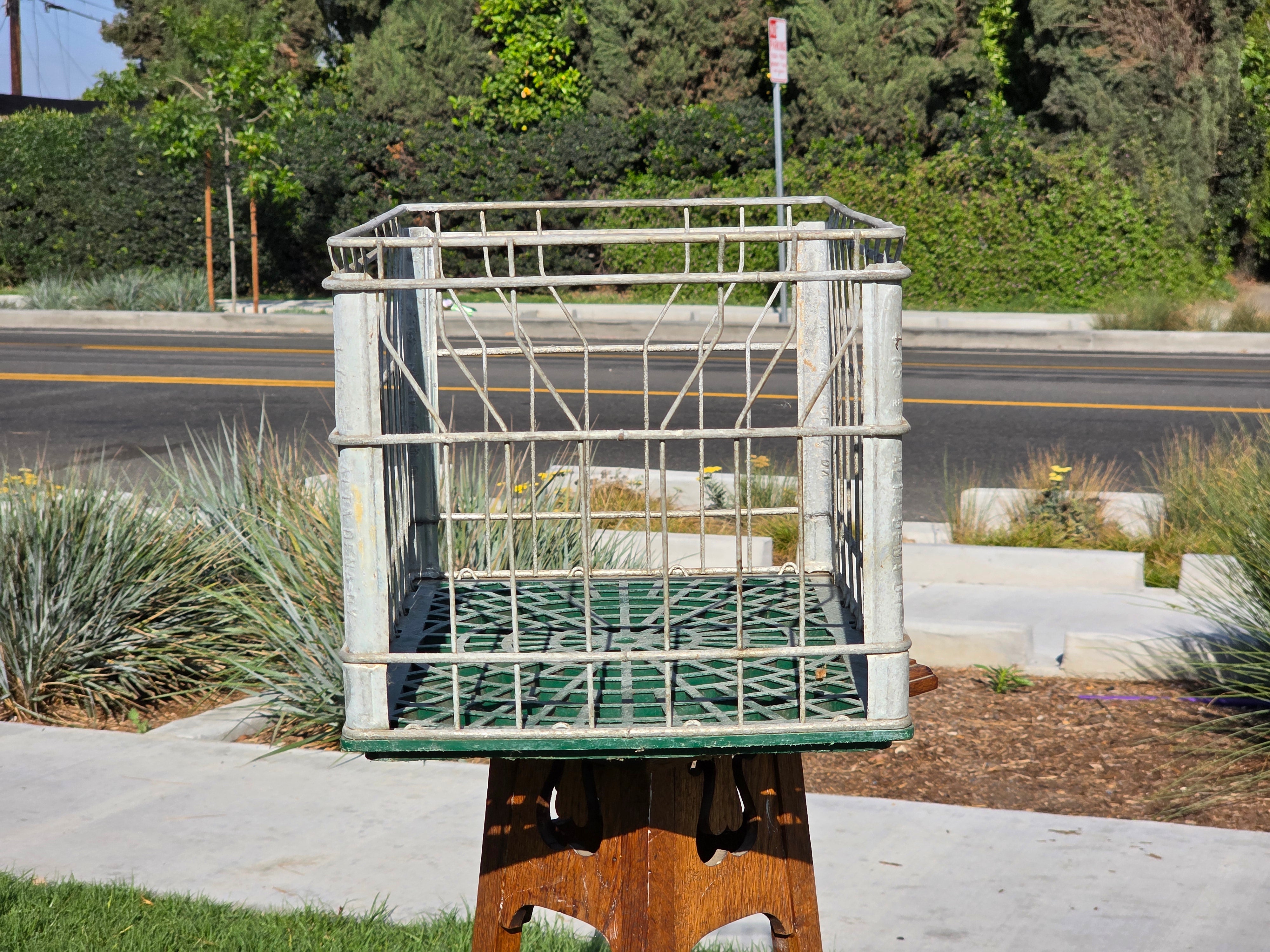Vintage Alta-Dena Dairy Milk Crate 1975 Metal Wire Green Plastic Base Industrial