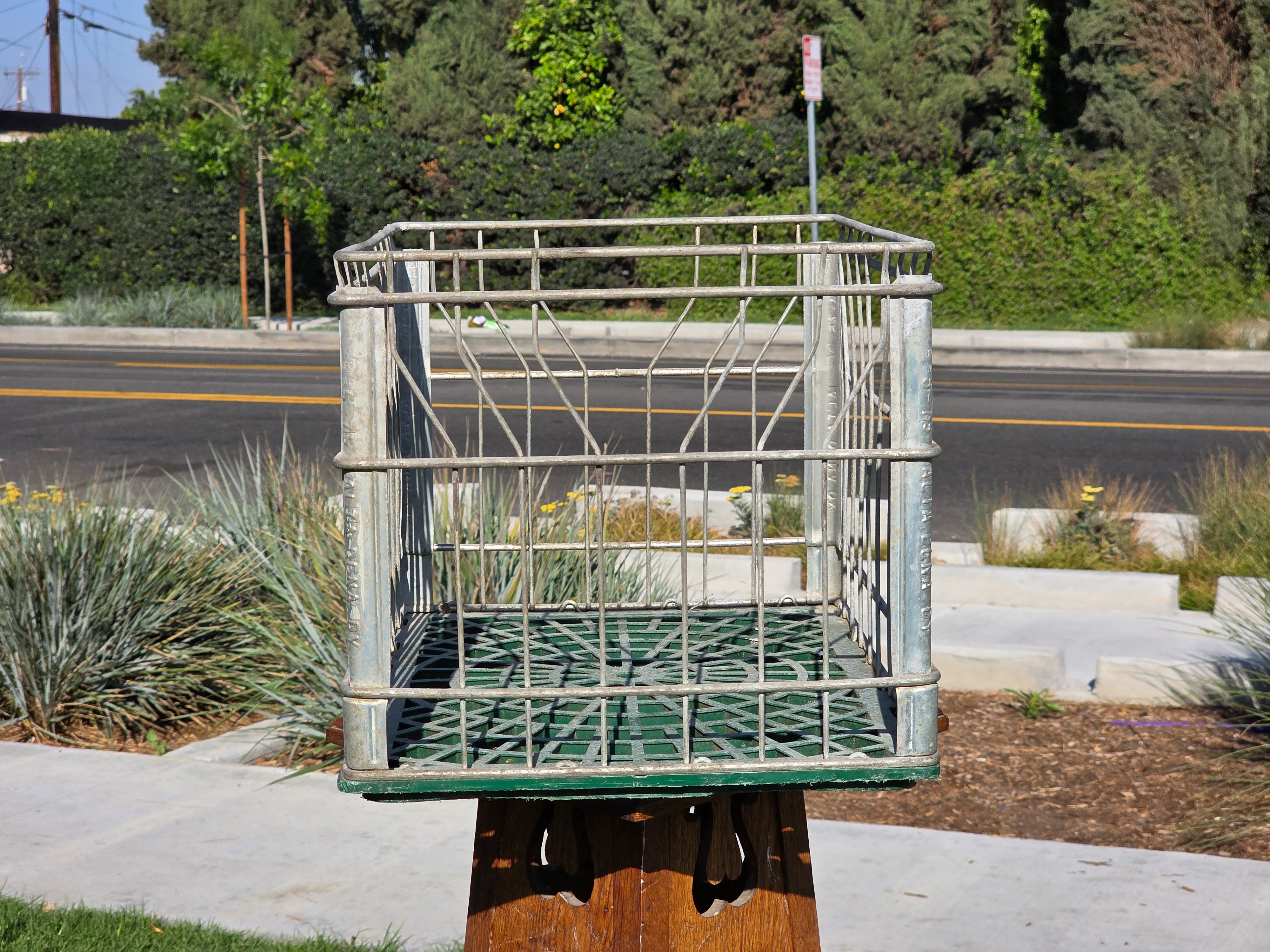 Vintage Alta-Dena Dairy Milk Crate 1975 Metal Wire Green Plastic Base Industrial