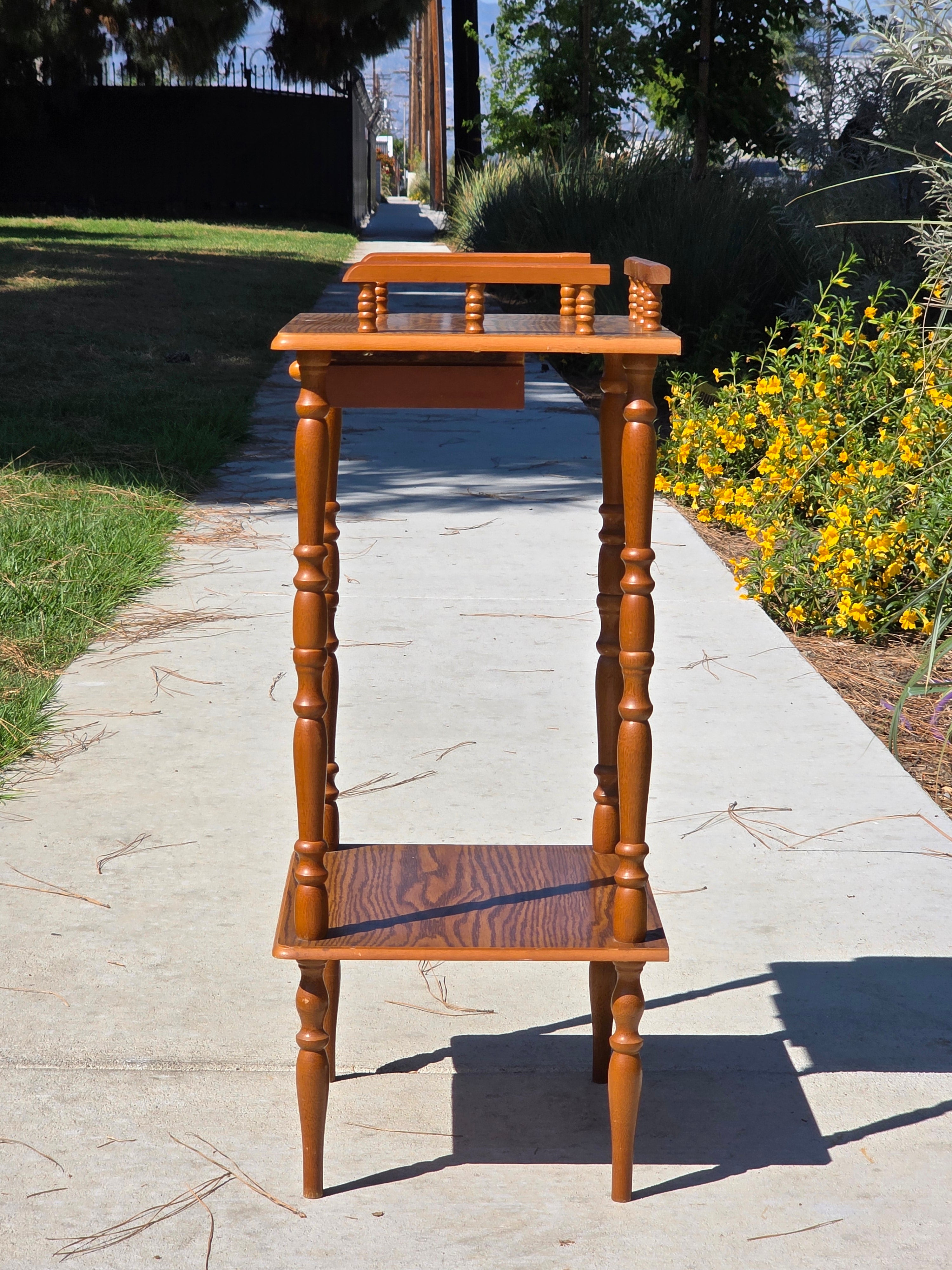 Vintage Oak Finish Telephone Stand Cabinet Spindle Gallery Top Drawer Shelf