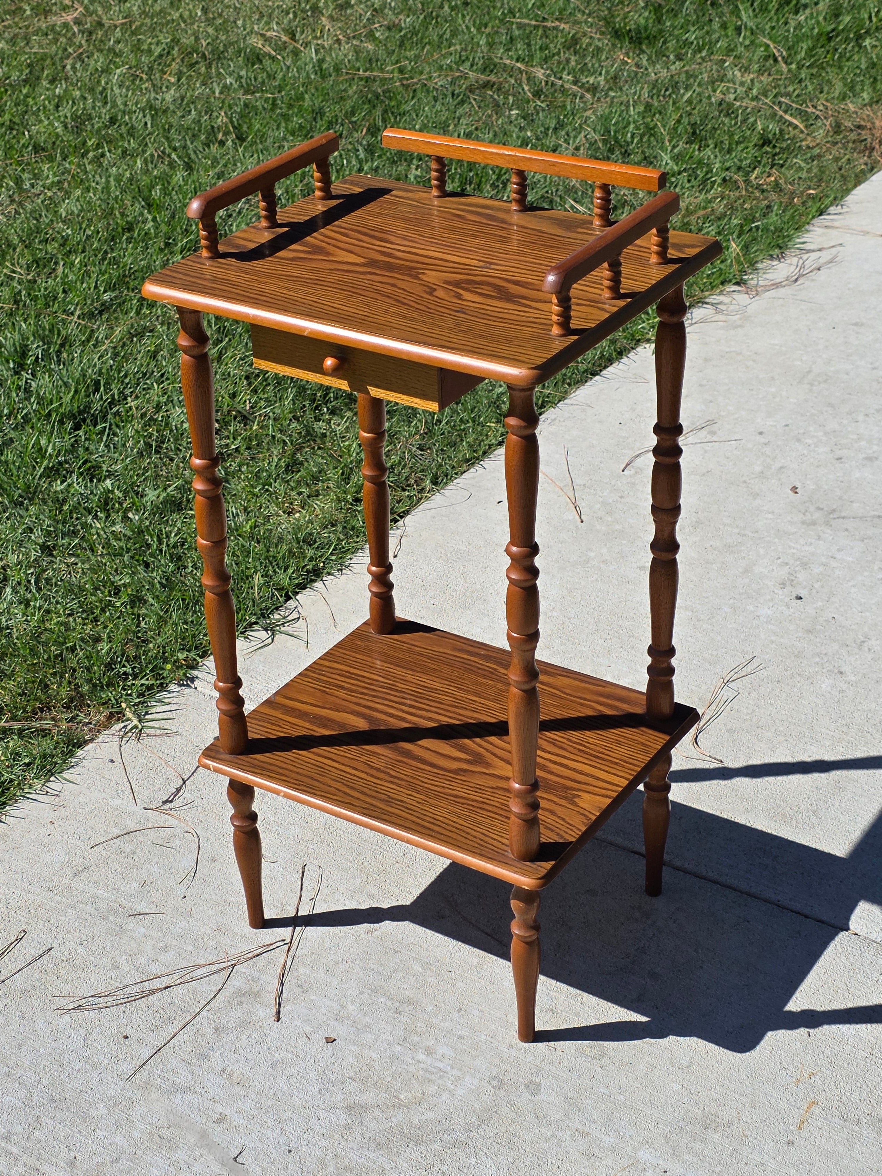 Vintage Oak Finish Telephone Stand Cabinet Spindle Gallery Top Drawer Shelf