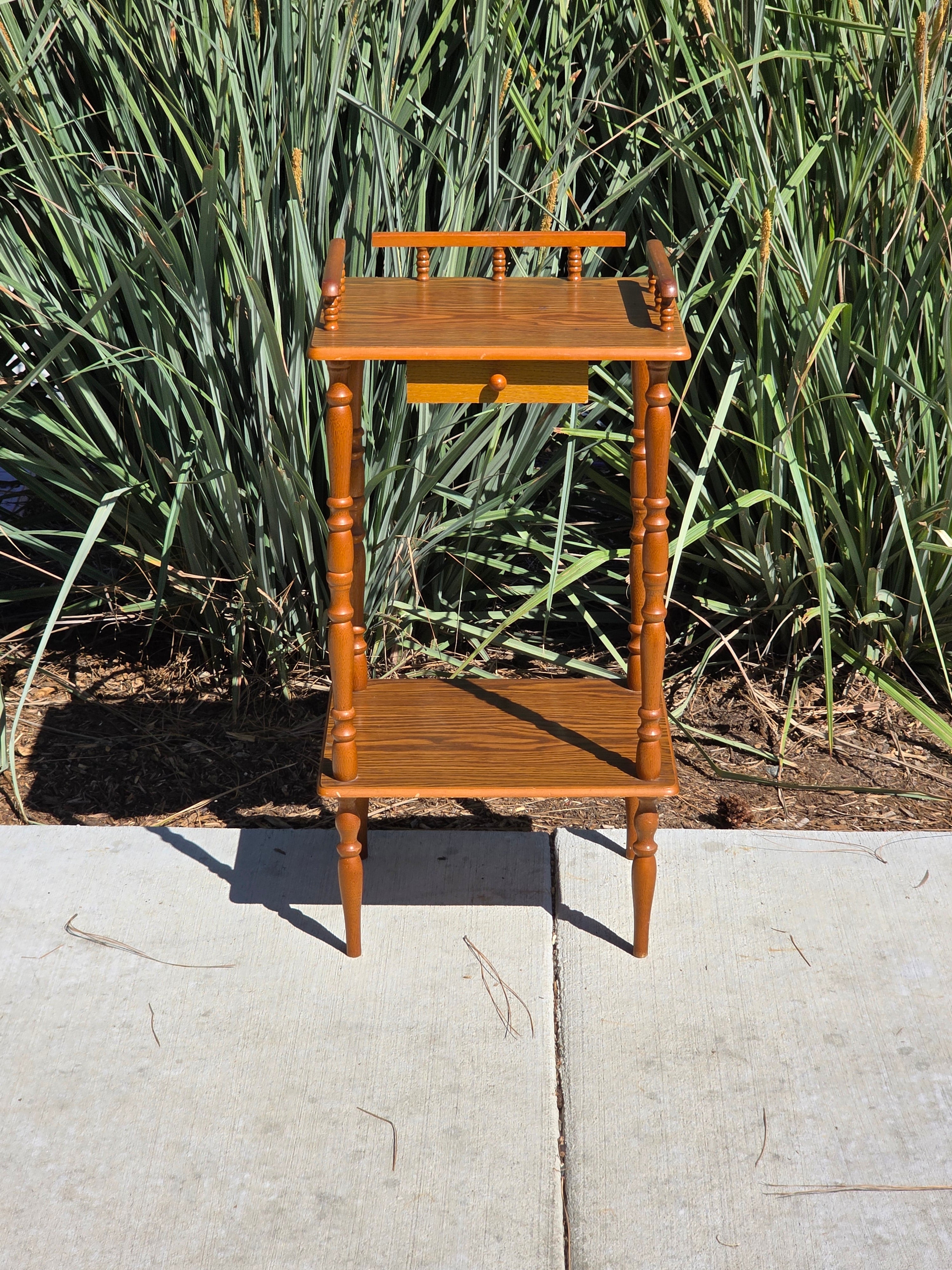 Vintage Oak Finish Telephone Stand Cabinet Spindle Gallery Top Drawer Shelf