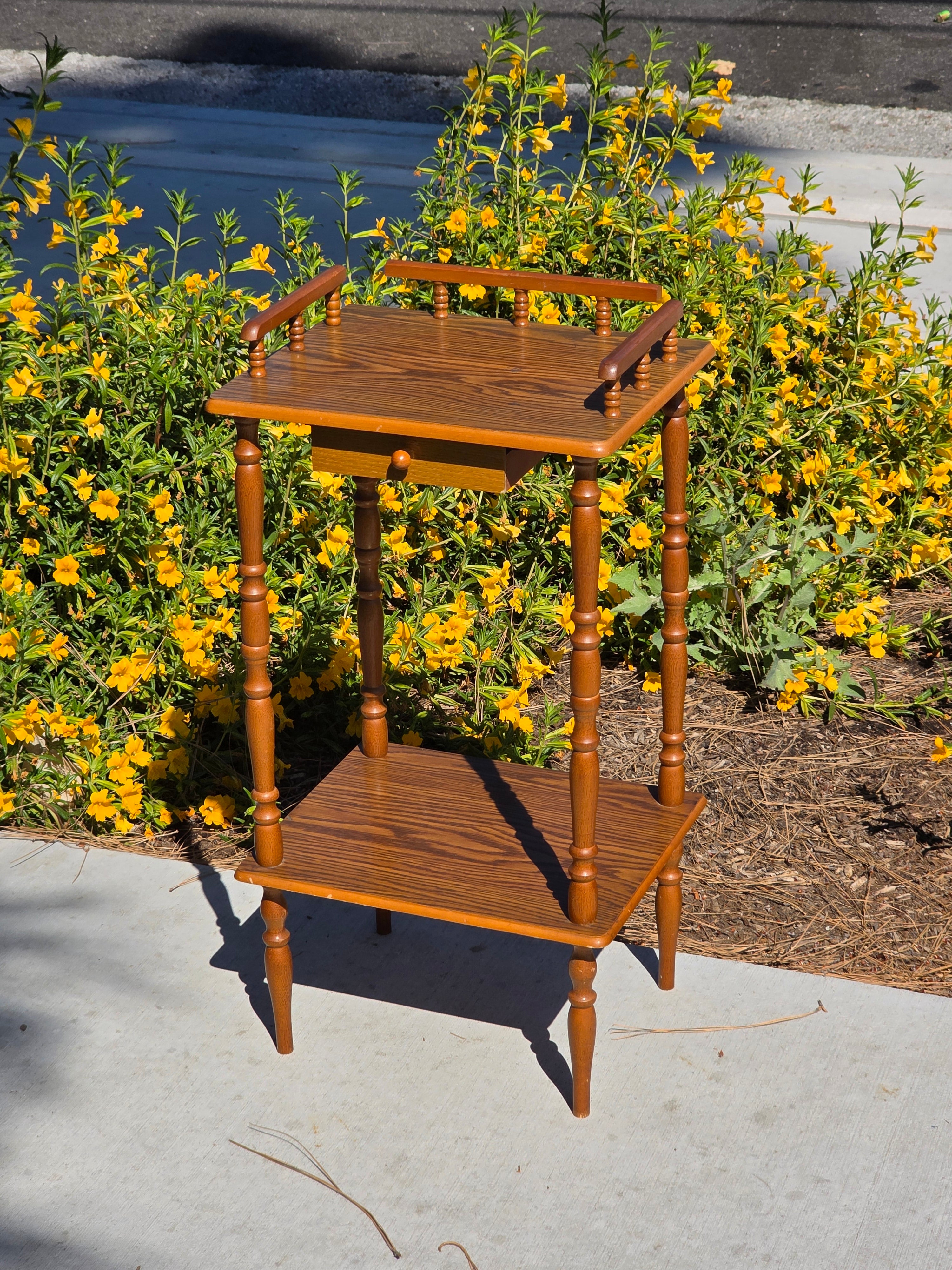 Vintage Oak Finish Telephone Stand Cabinet Spindle Gallery Top Drawer Shelf
