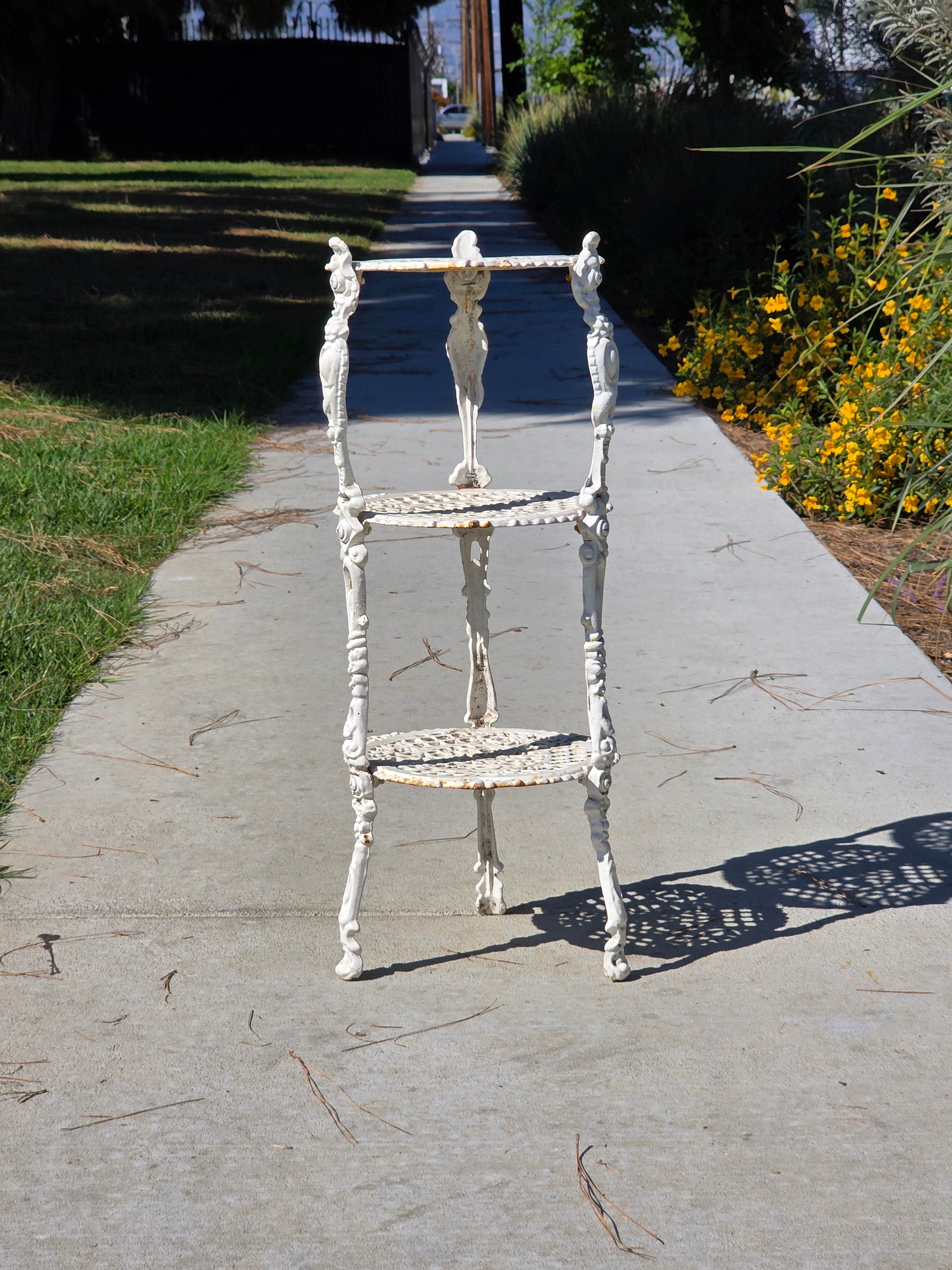 Vintage Victorian Cast Iron 3 Tier Plant Stand Ornate White Metal Garden Shelf
