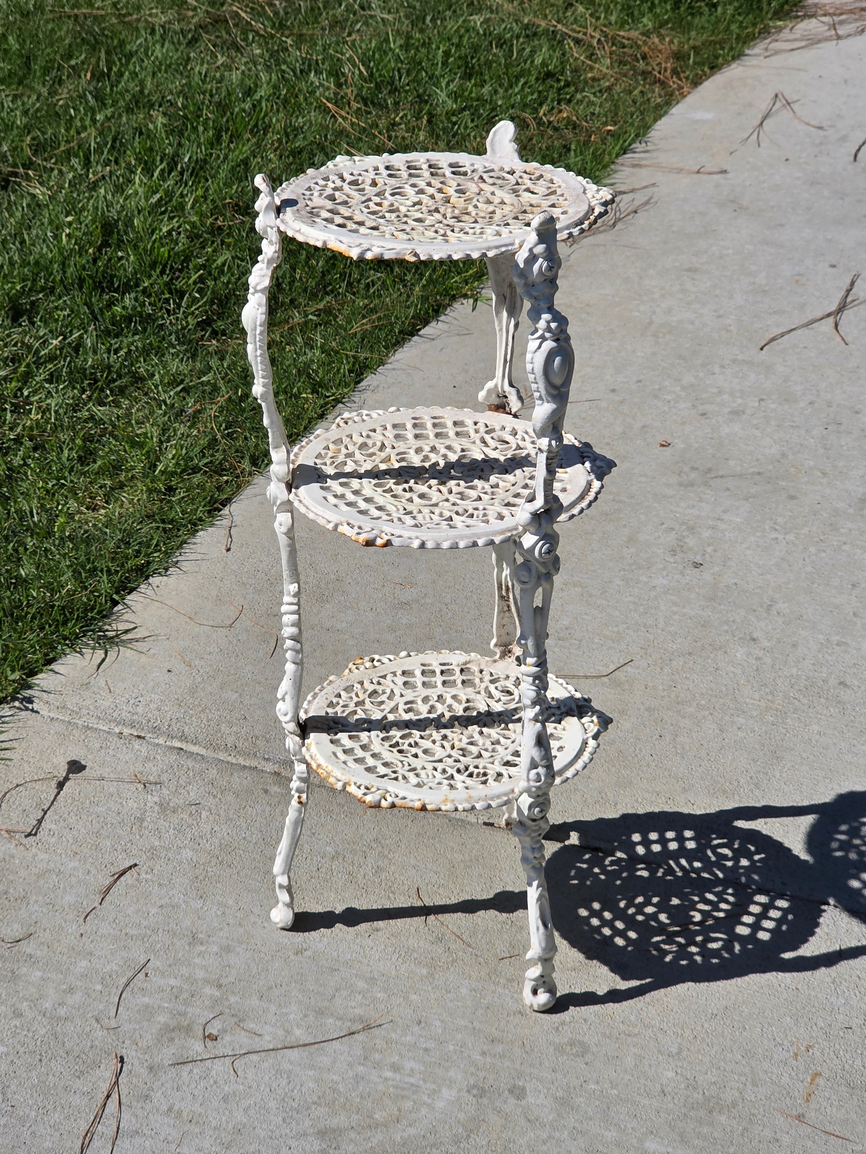 Vintage Victorian Cast Iron 3 Tier Plant Stand Ornate White Metal Garden Shelf