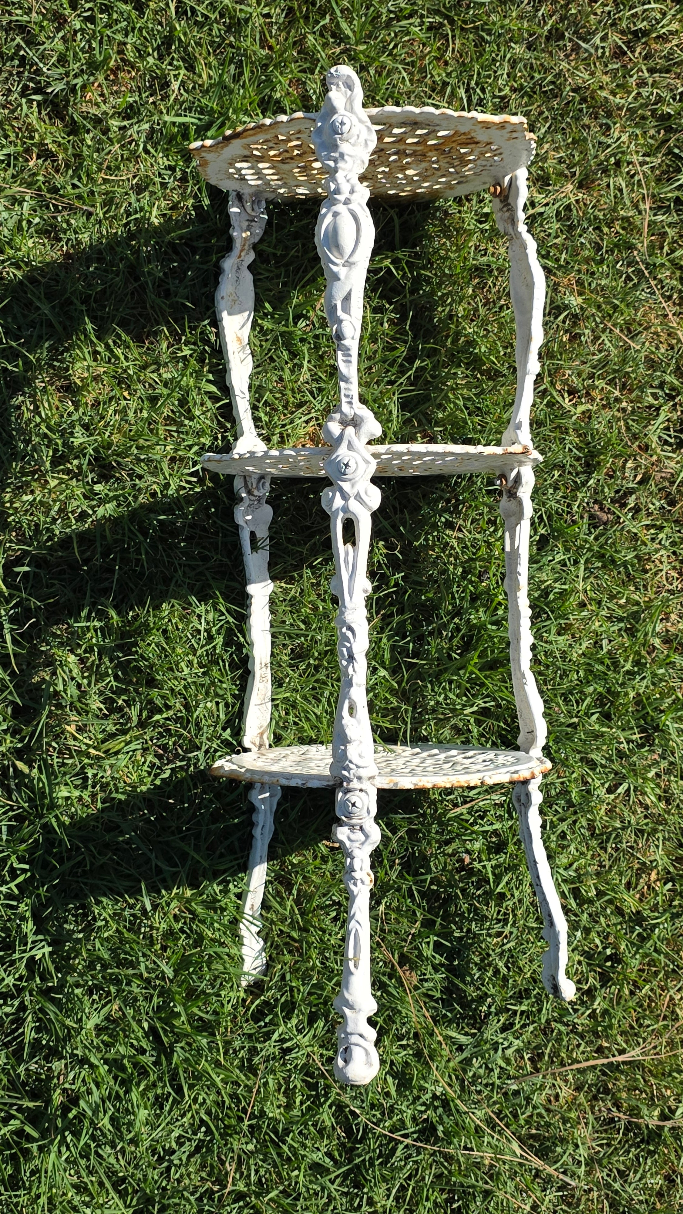Vintage Victorian Cast Iron 3 Tier Plant Stand Ornate White Metal Garden Shelf