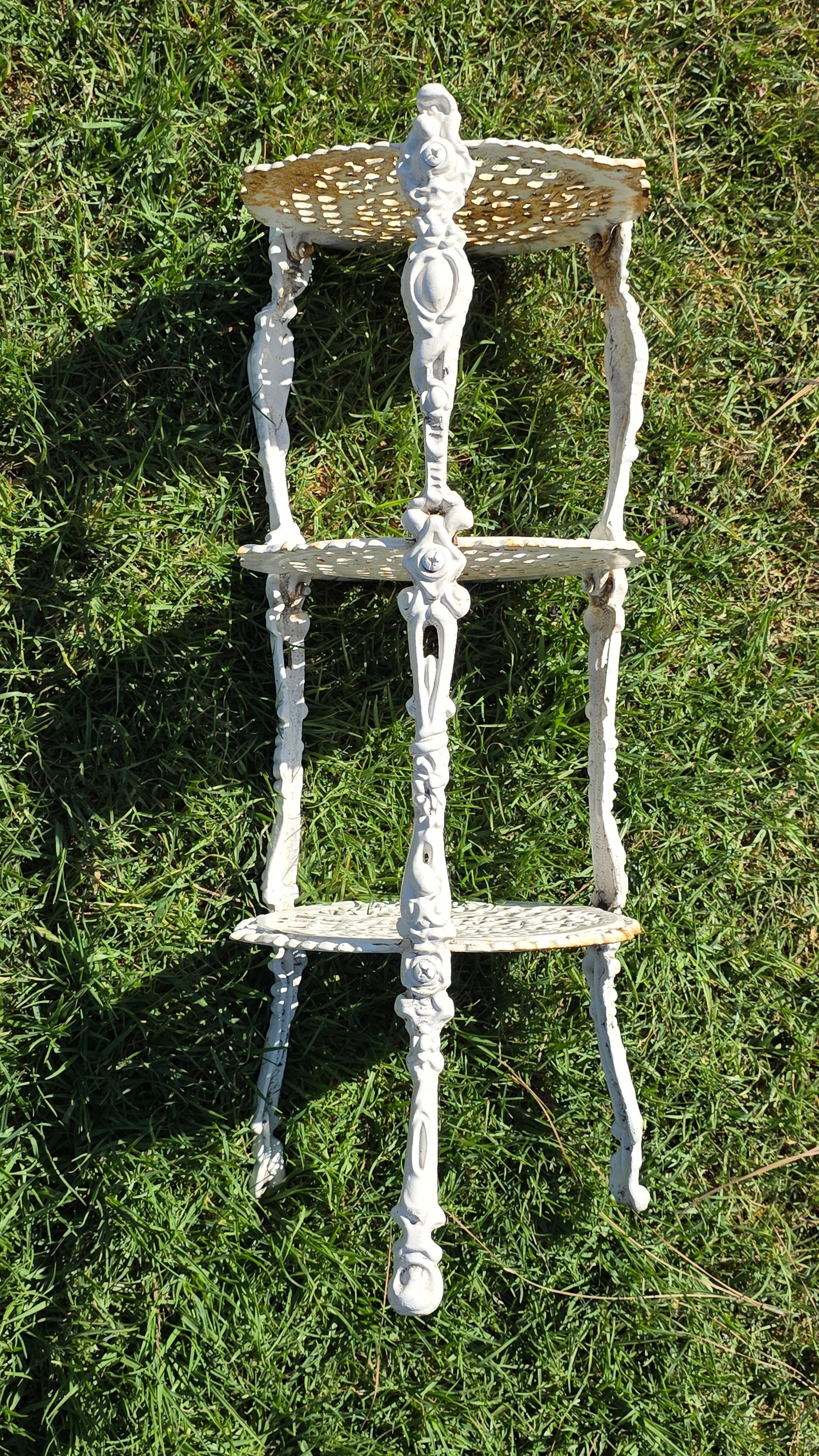 Vintage Victorian Cast Iron 3 Tier Plant Stand Ornate White Metal Garden Shelf