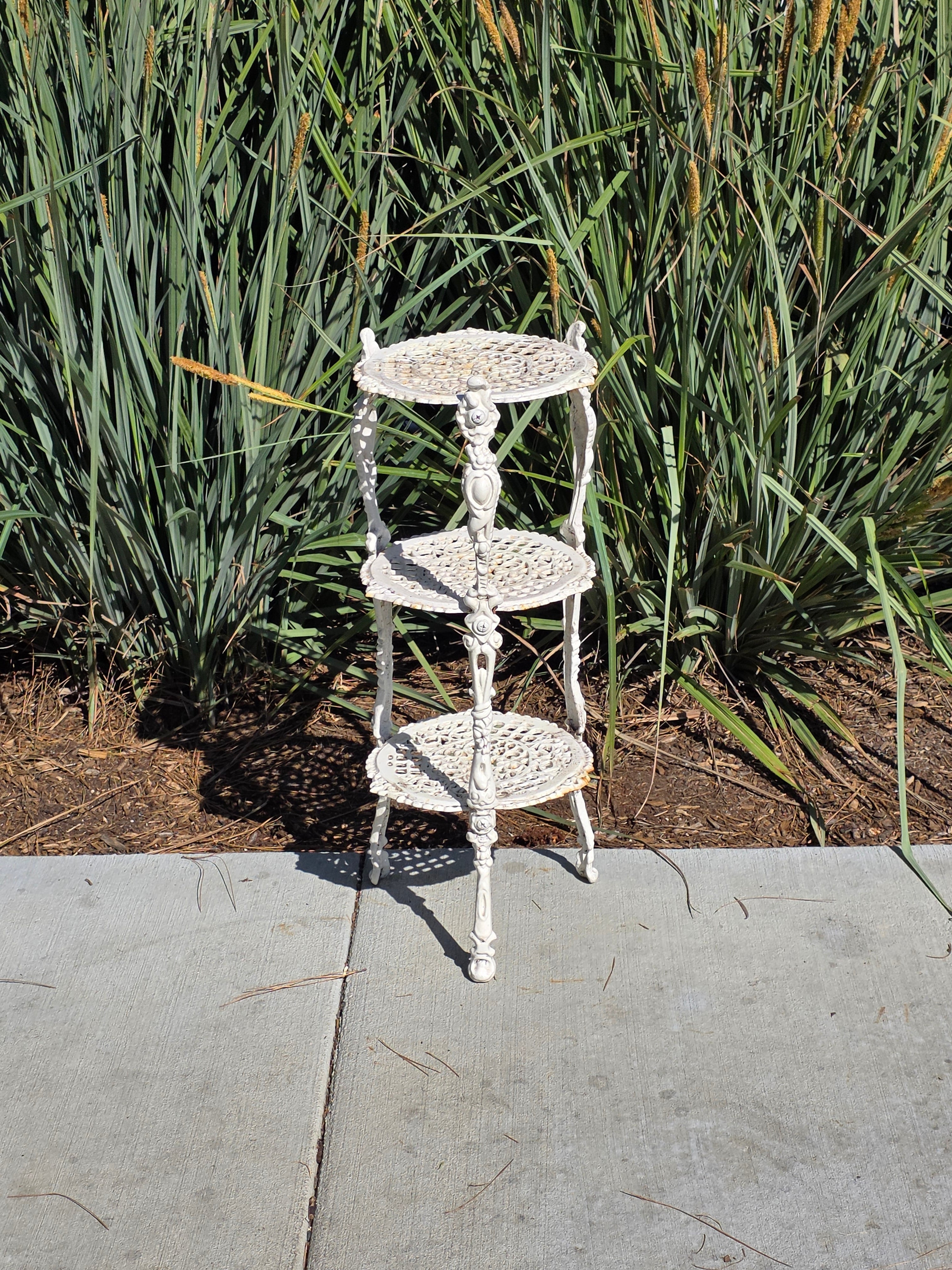 Vintage Victorian Cast Iron 3 Tier Plant Stand Ornate White Metal Garden Shelf