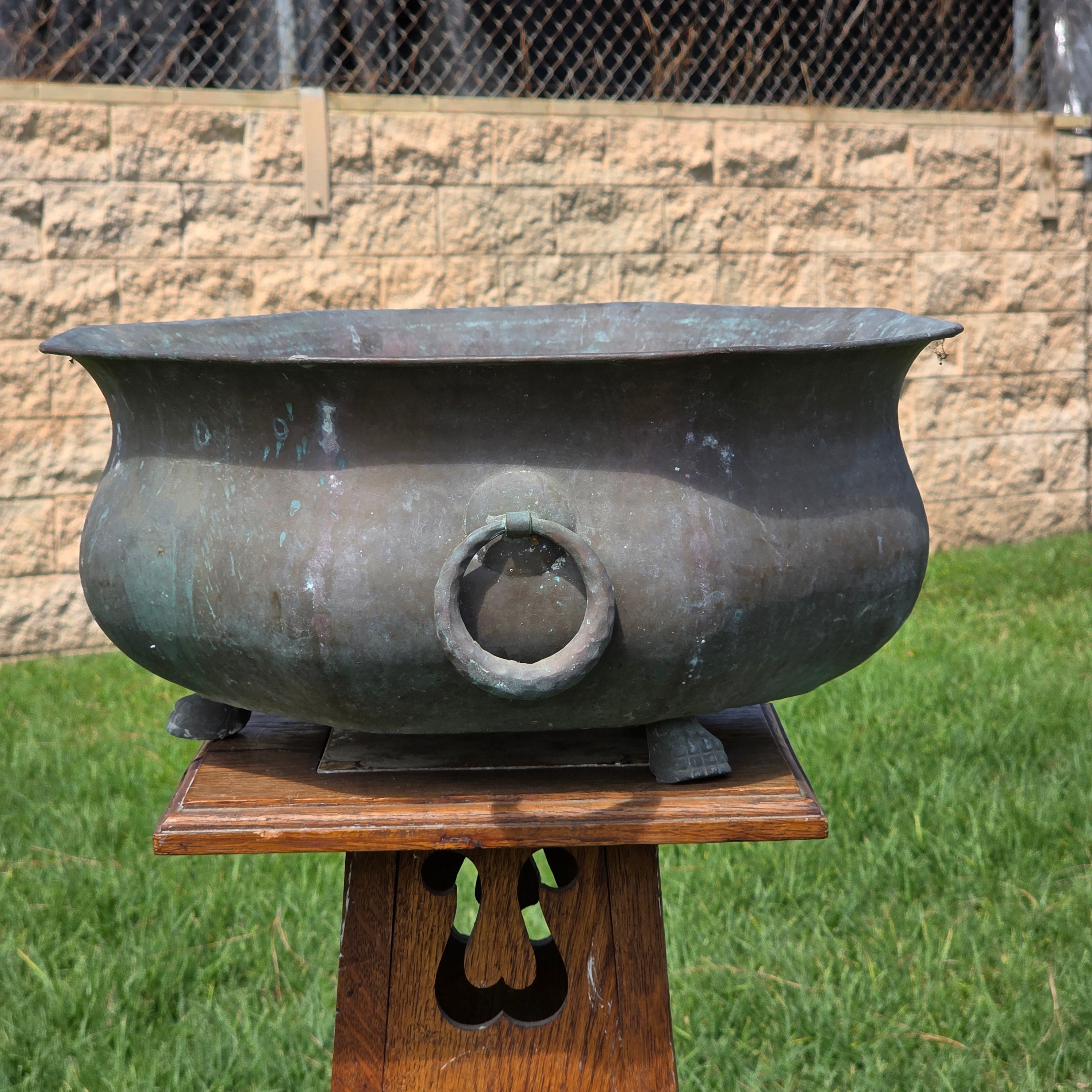 Vintage Octagon Copper Cauldron Planter Pot Paw Feet Ring Handles Large 16"