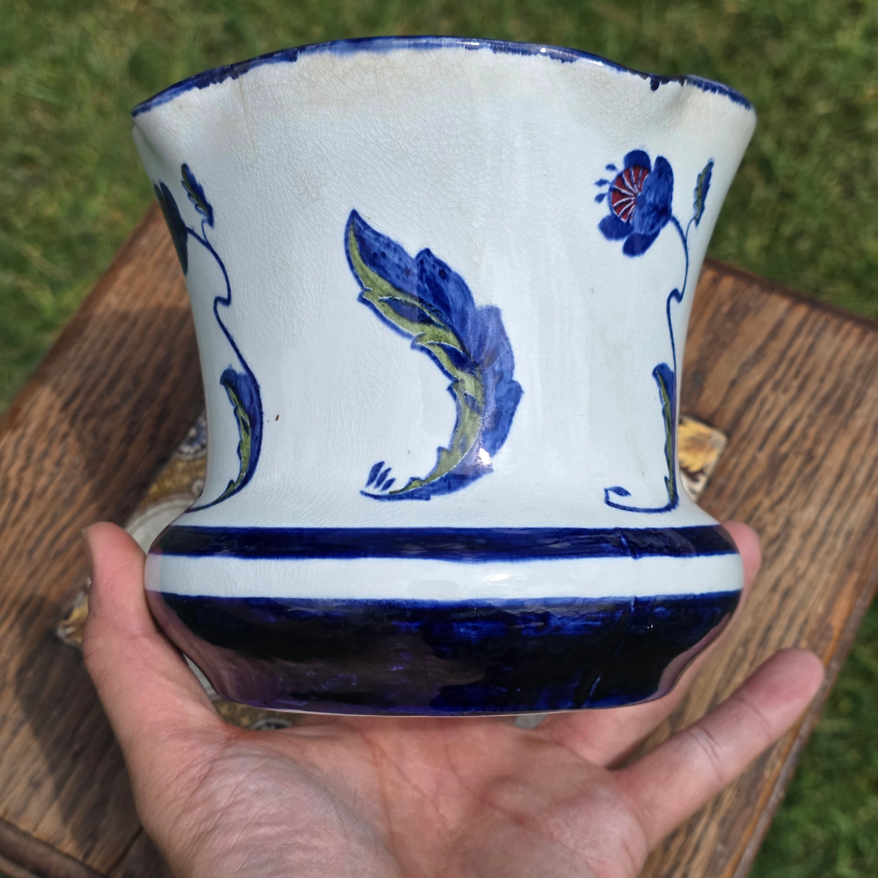 Vintage W Moore Binns Old Bristol Delft 1747 Design Flower Pot Planter Blue White