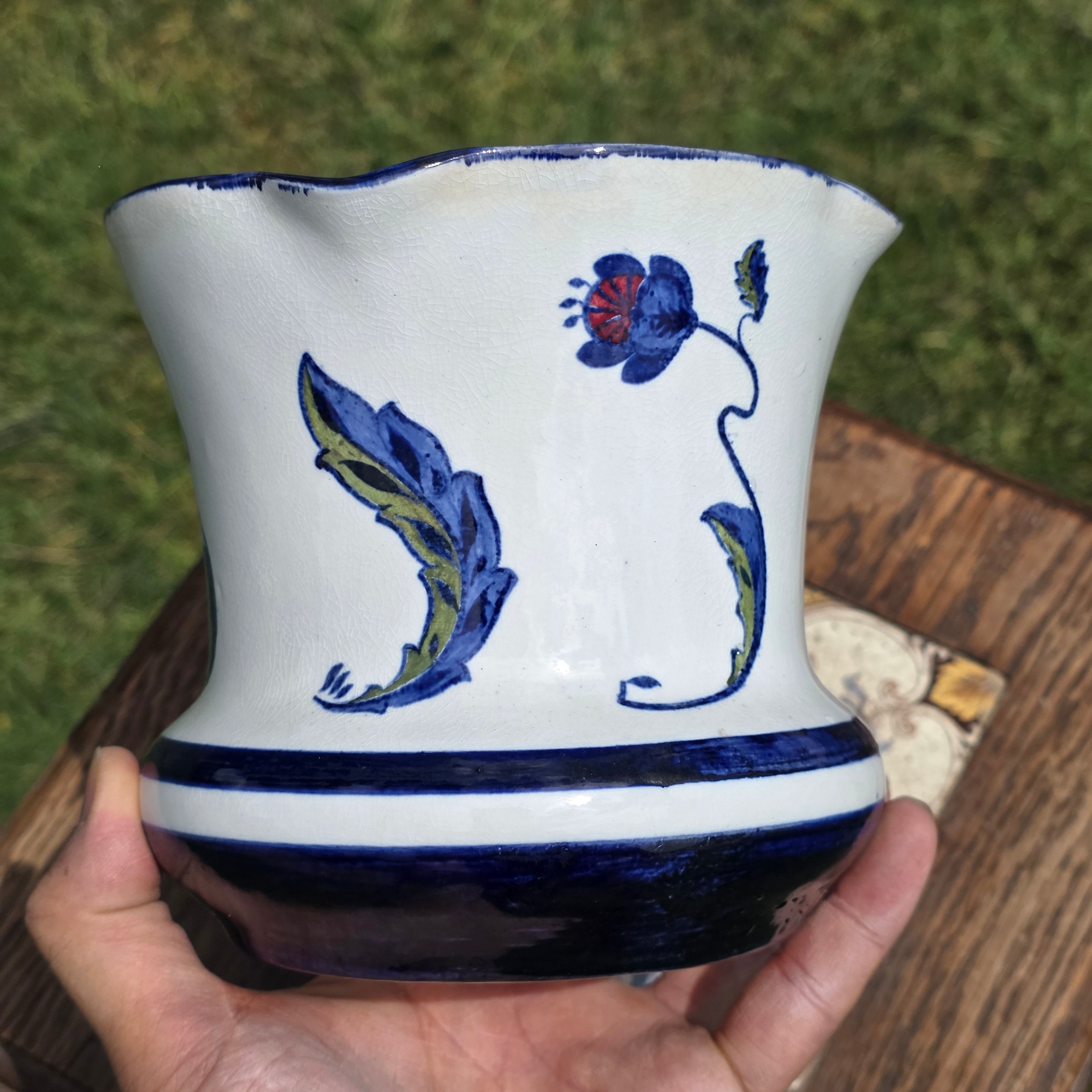 Vintage W Moore Binns Old Bristol Delft 1747 Design Flower Pot Planter Blue White