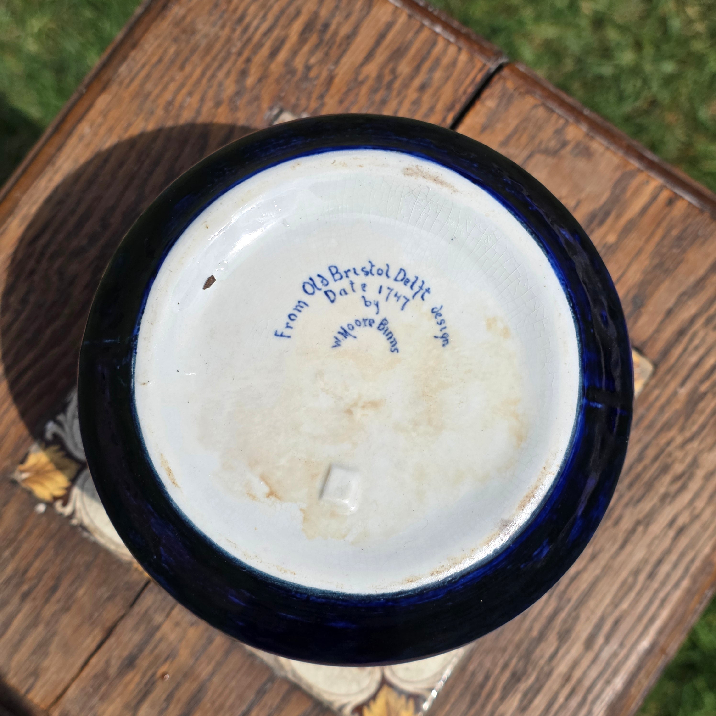 Vintage W Moore Binns Old Bristol Delft 1747 Design Flower Pot Planter Blue White
