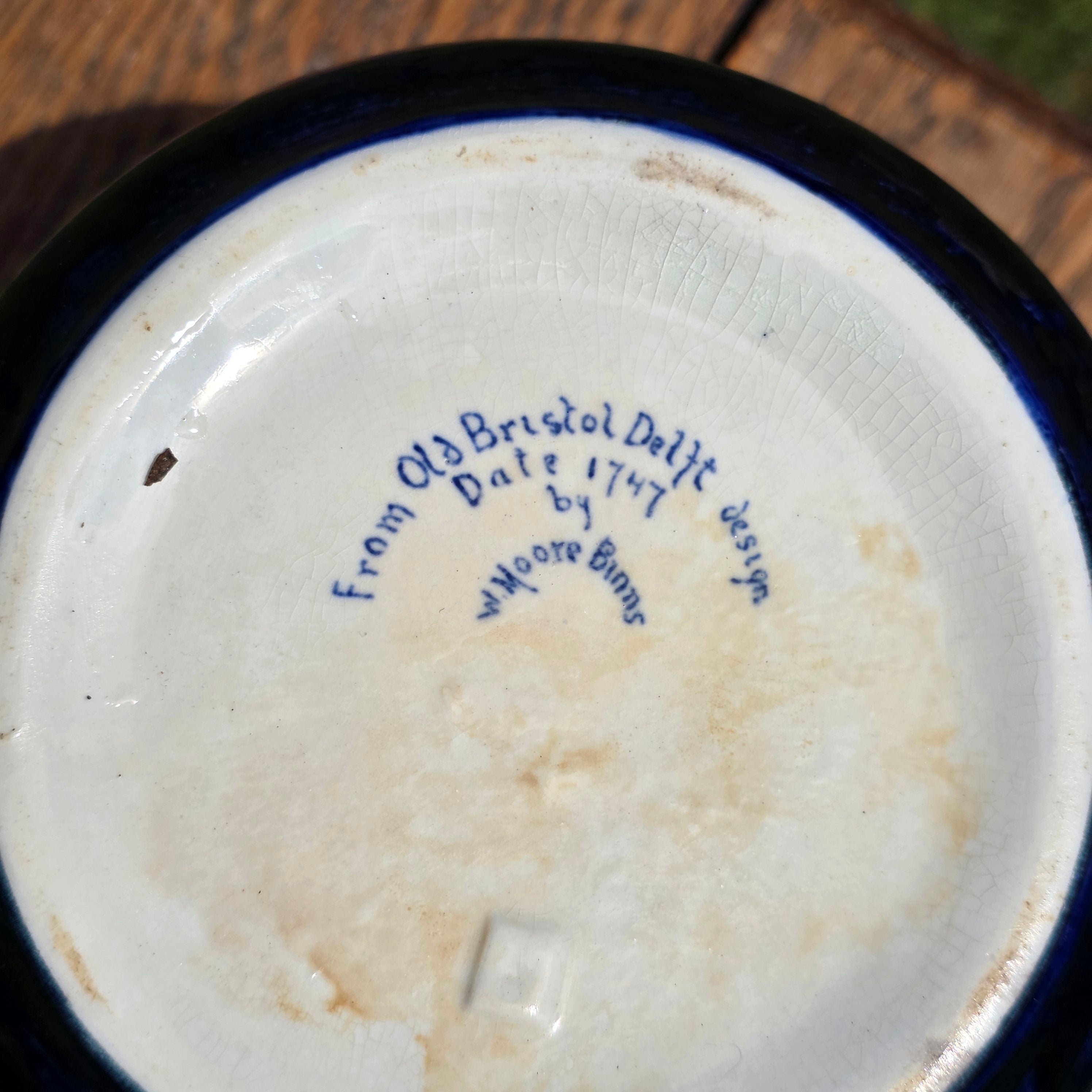 Vintage W Moore Binns Old Bristol Delft 1747 Design Flower Pot Planter Blue White