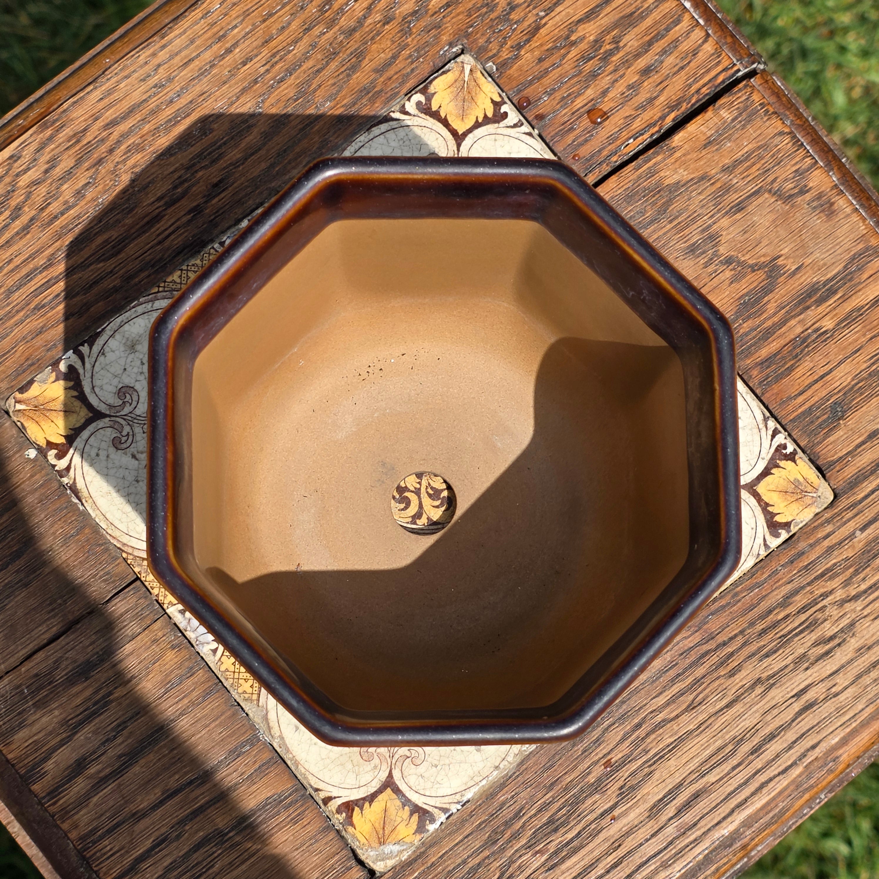 Vintage Fuji Japan Bonsai Pot Planter Brown Glazed Octagon Ceramic Mid Century 5"