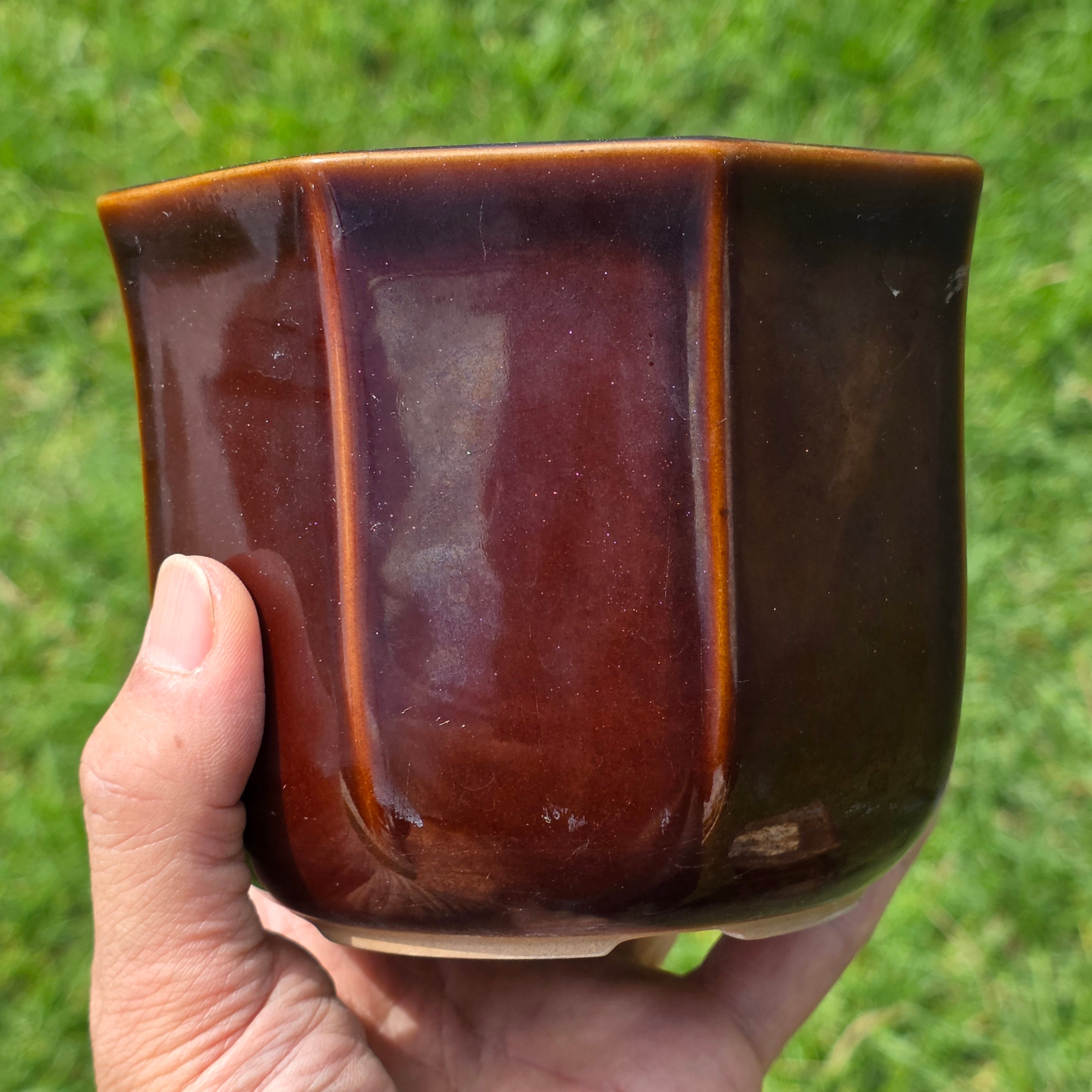 Vintage Fuji Japan Bonsai Pot Planter Brown Glazed Octagon Ceramic Mid Century 5"