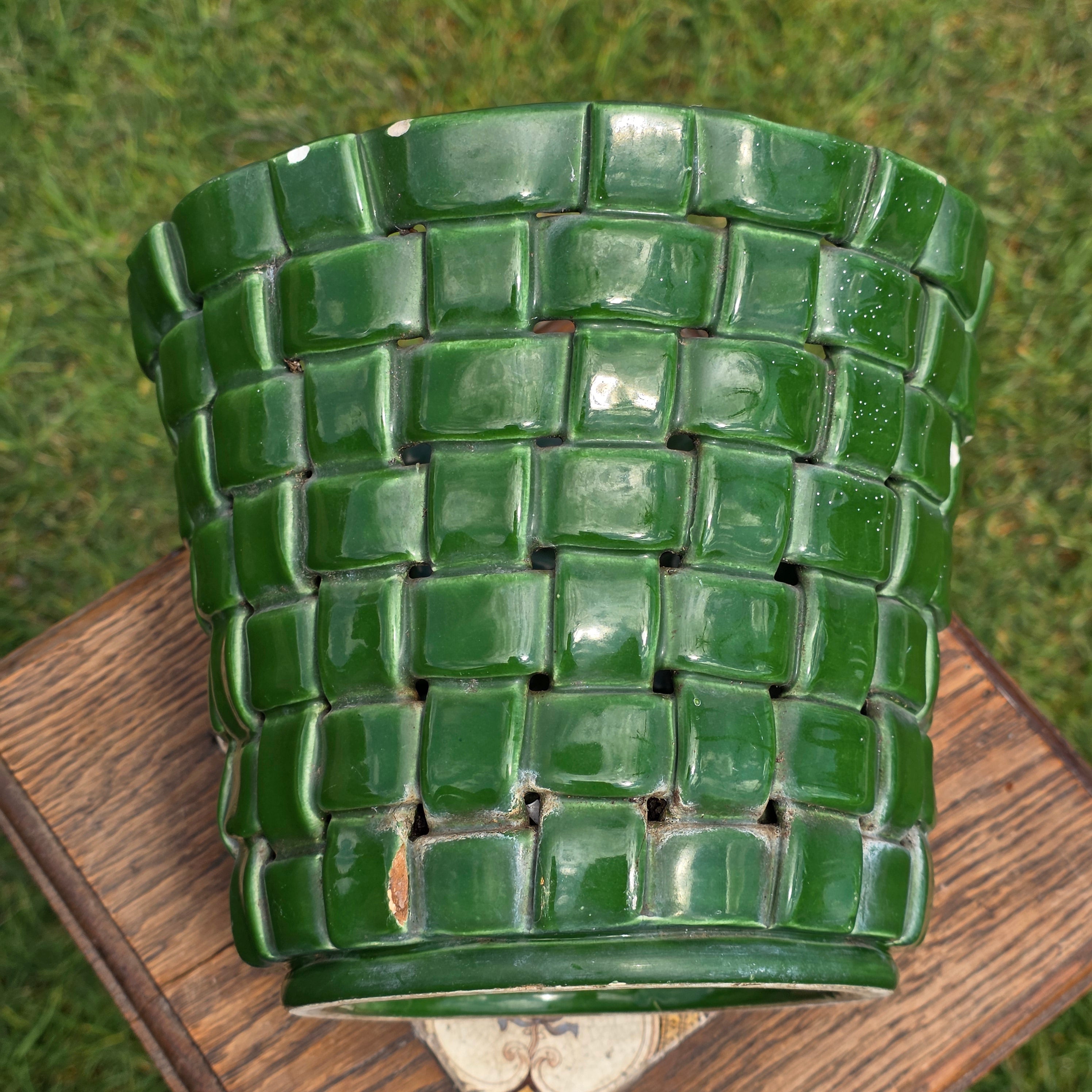 Vintage Italian Pottery Basket Weave Planter Green Glazed Made in Italy 9" 1092